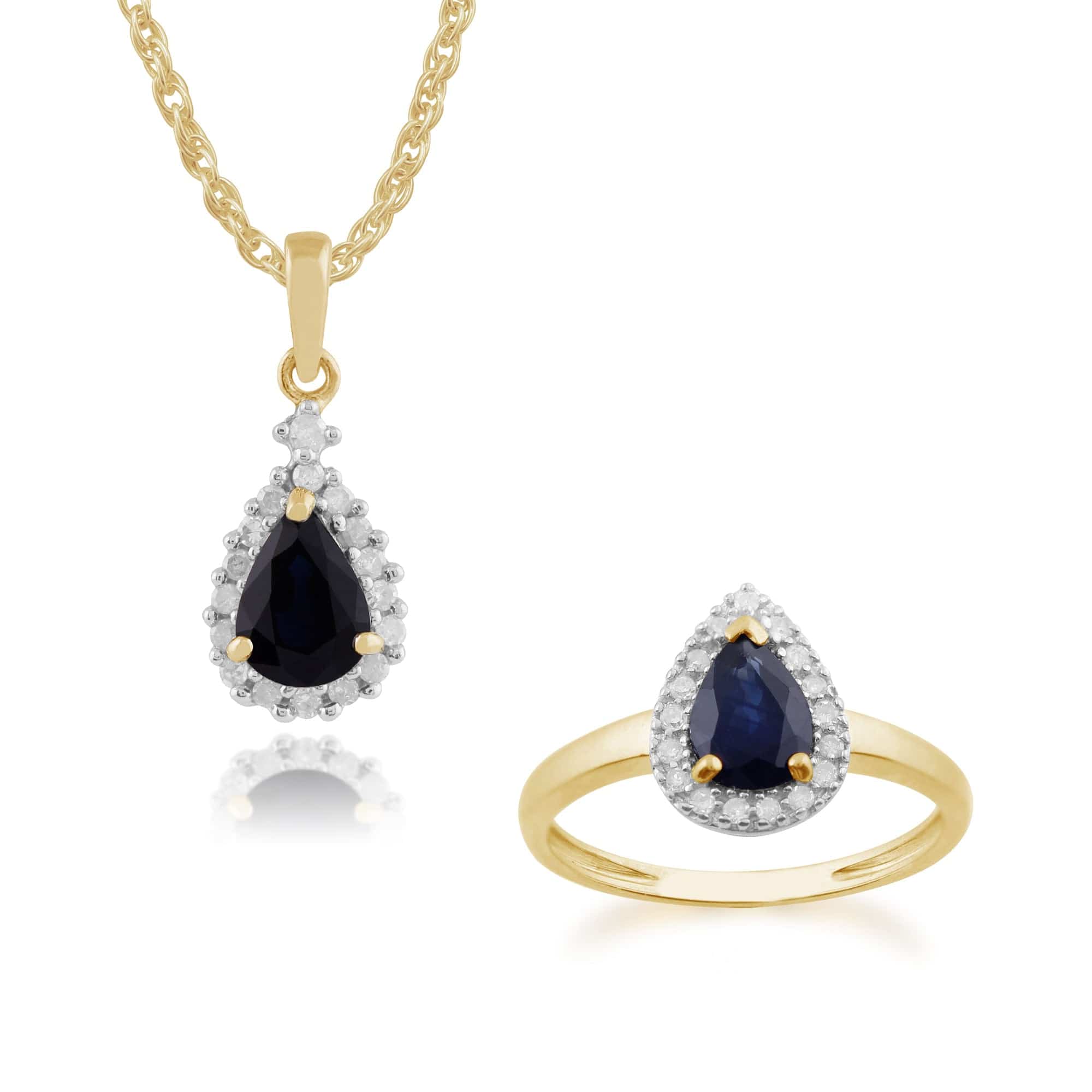 135P1404019-22616 Classic Pear Sapphire & Diamond Halo Pendant & Ring Set in 9ct Yellow Gold 1