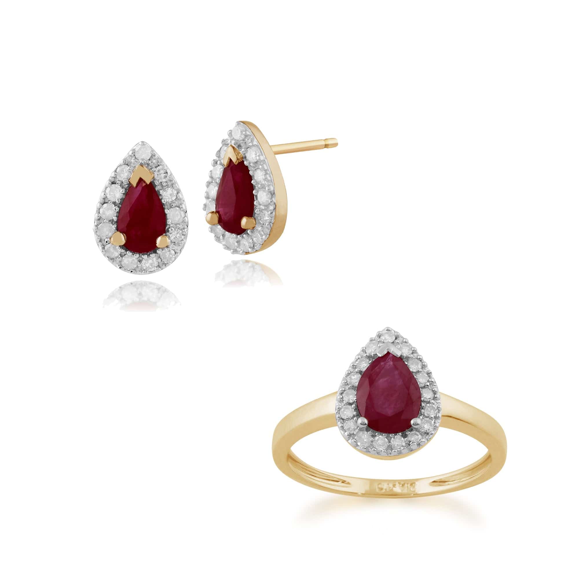 24232-22617 Classic Pear Ruby & Diamond Halo Stud Earrings & Ring Set in 9ct Yellow Gold 1