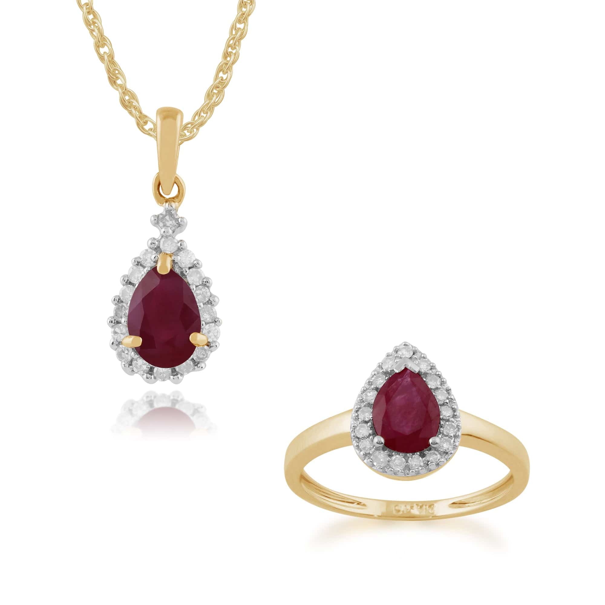 135P1404029-22617 Classic Pear Ruby & Diamond Halo Pendant & Ring Set in 9ct Yellow Gold 1