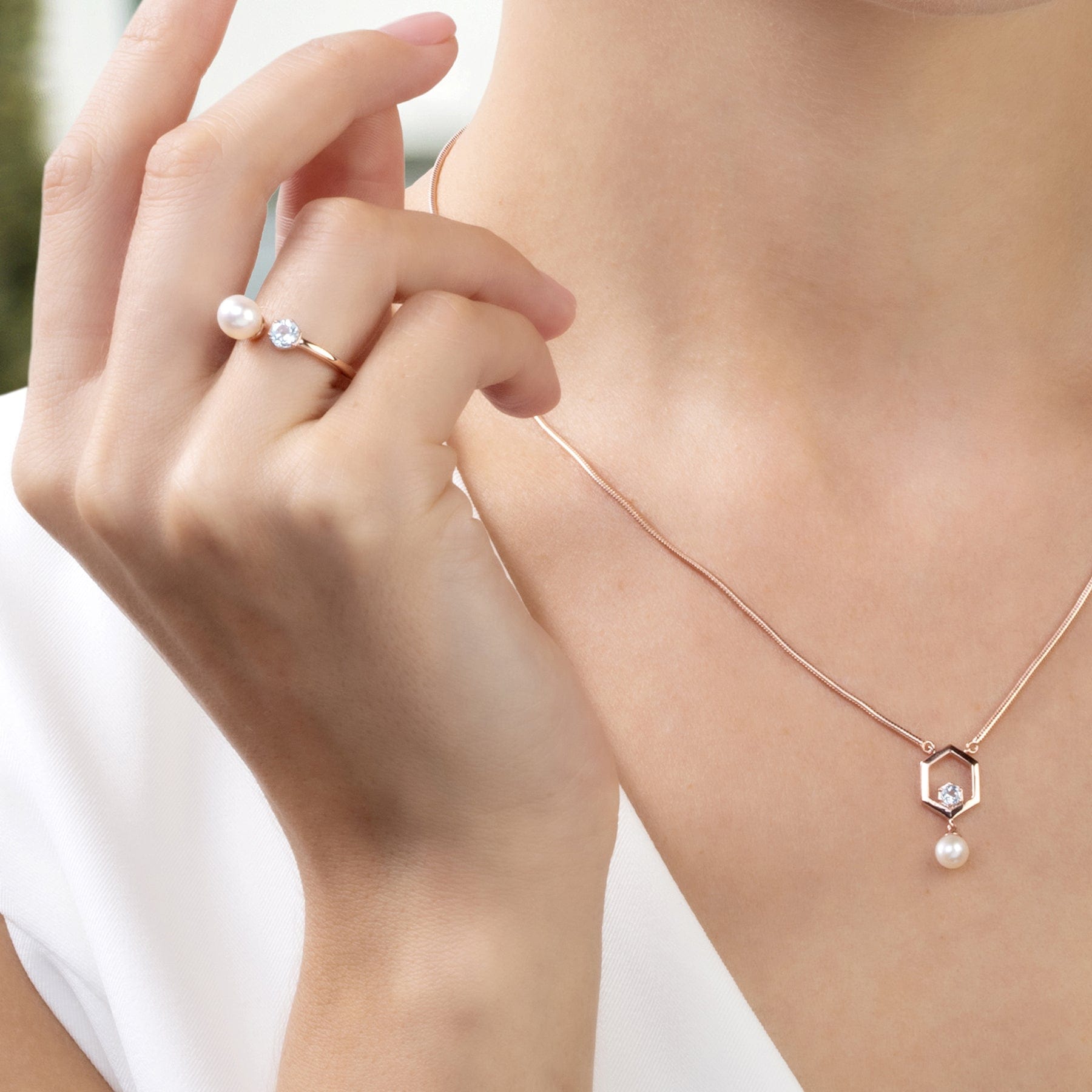 Modern Pearl & White Topaz Open Ring in Rose Gold Plated Sterling Silver