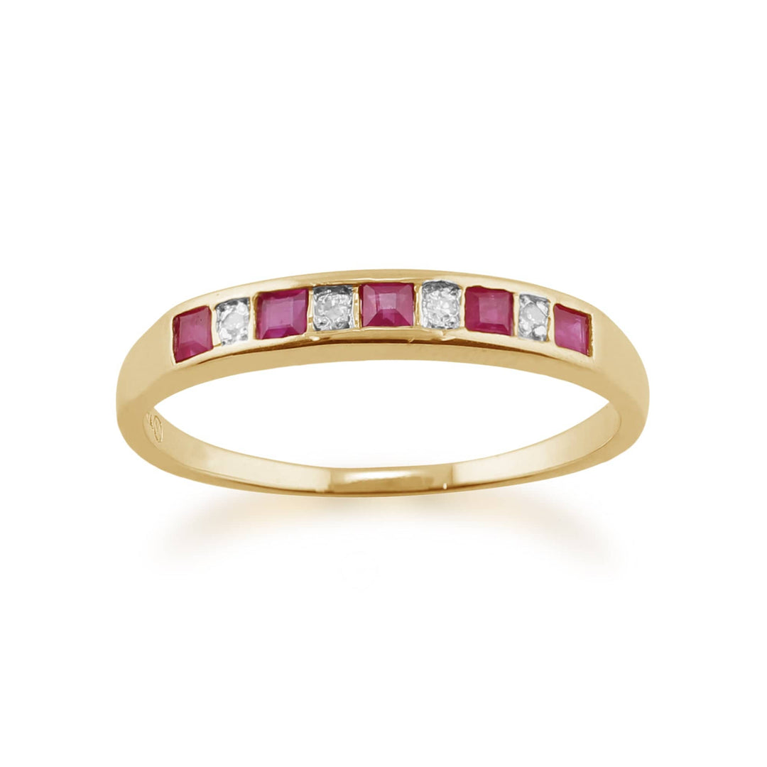 Classic Square Ruby & Diamond Half Eternity Ring in 9ct Yellow Gold  - Gemondo