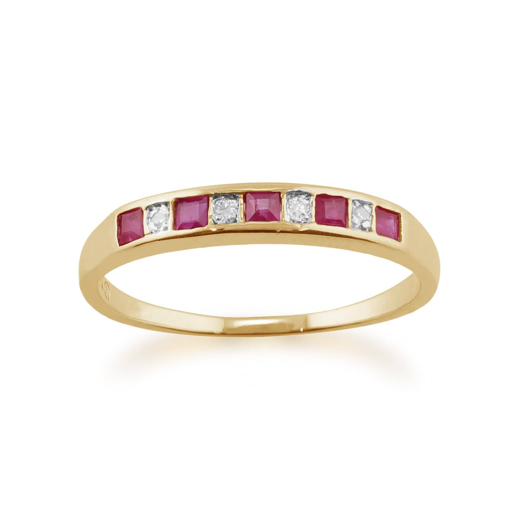 Classic Square Ruby & Diamond Half Eternity Ring 9ct Yellow Gold