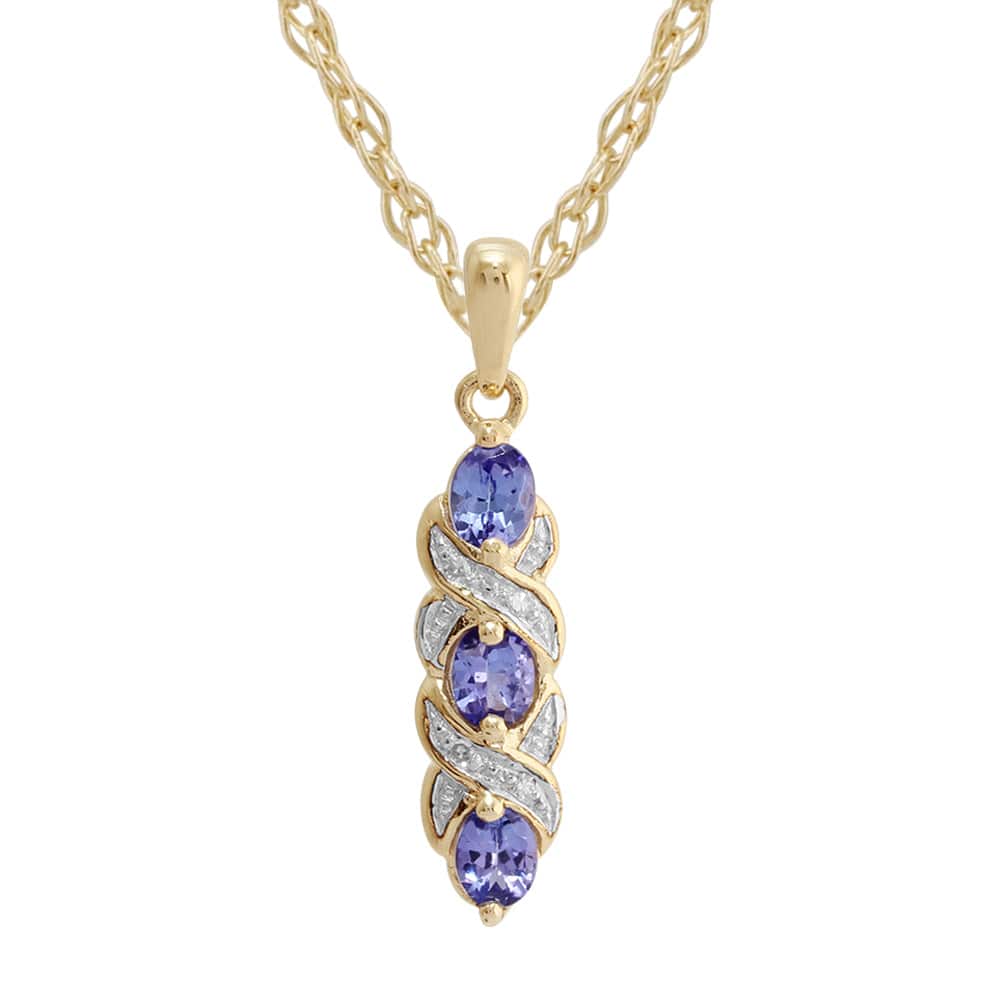 Art Nouveau Style Oval Tanzanite & Diamond Pendant in 9ct Yellow Gold - Gemondo