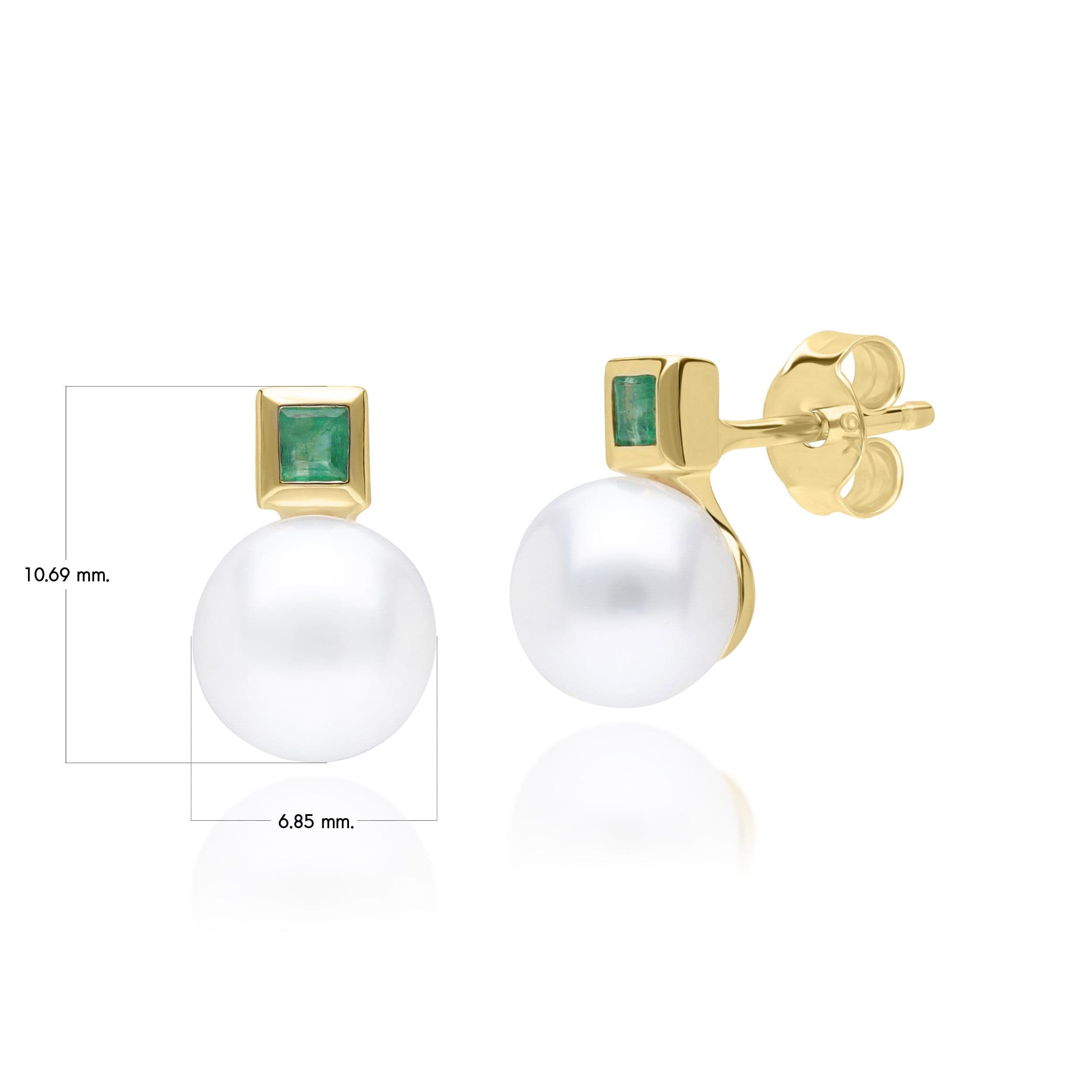135E1810019 Modern Pearl & Square Emerald Stud Earrings in 9ct Yellow Gold 4