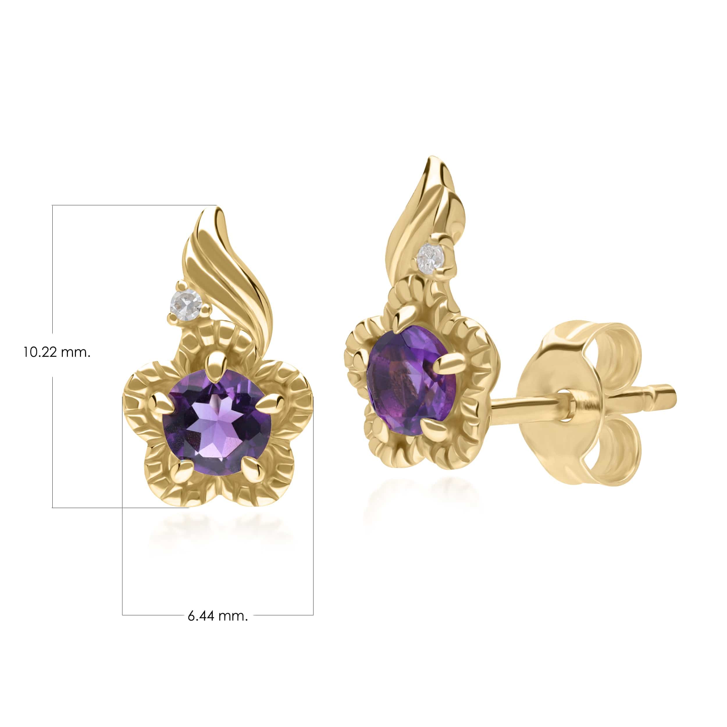 Floral Round Amethyst & Diamond Stud Earrings in 9ct Yellow Gold