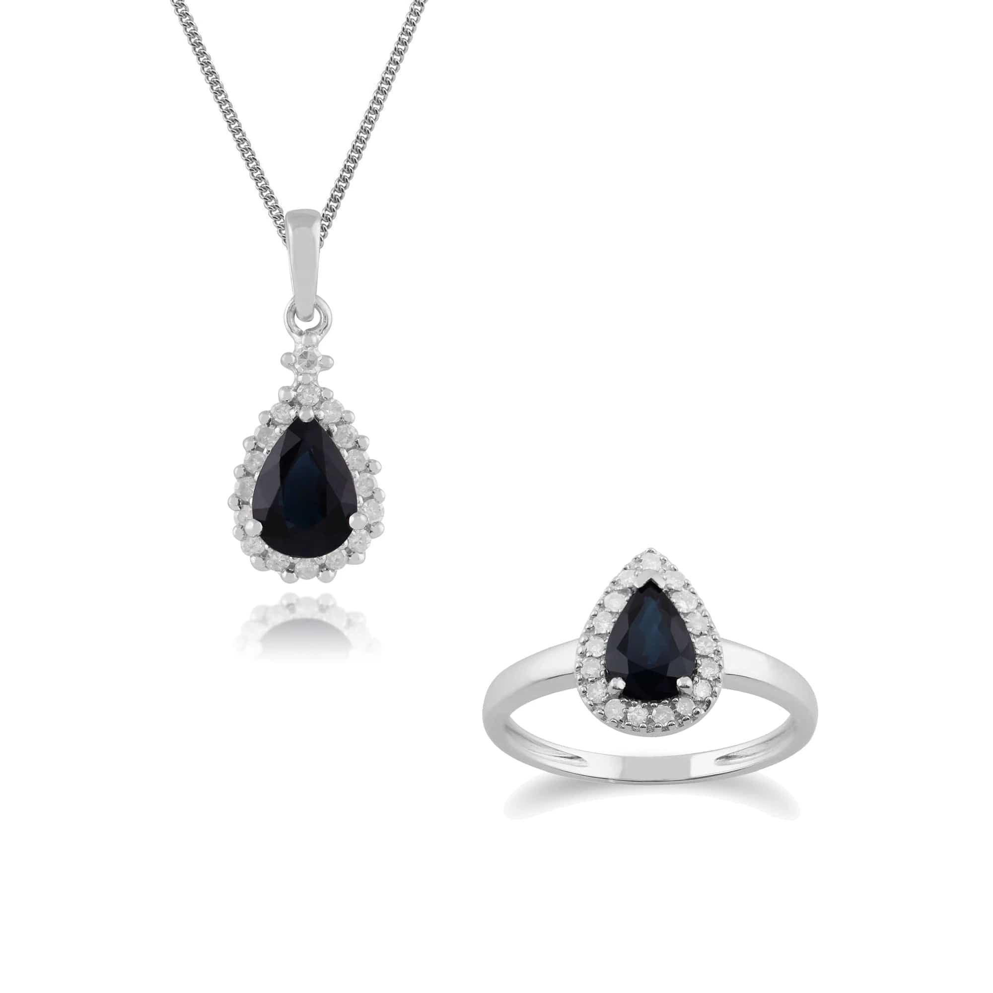 135P0565019-117R0164039 Classic Pear Sapphire & Diamond Halo Pendant & Ring Set in 9ct White Gold 1