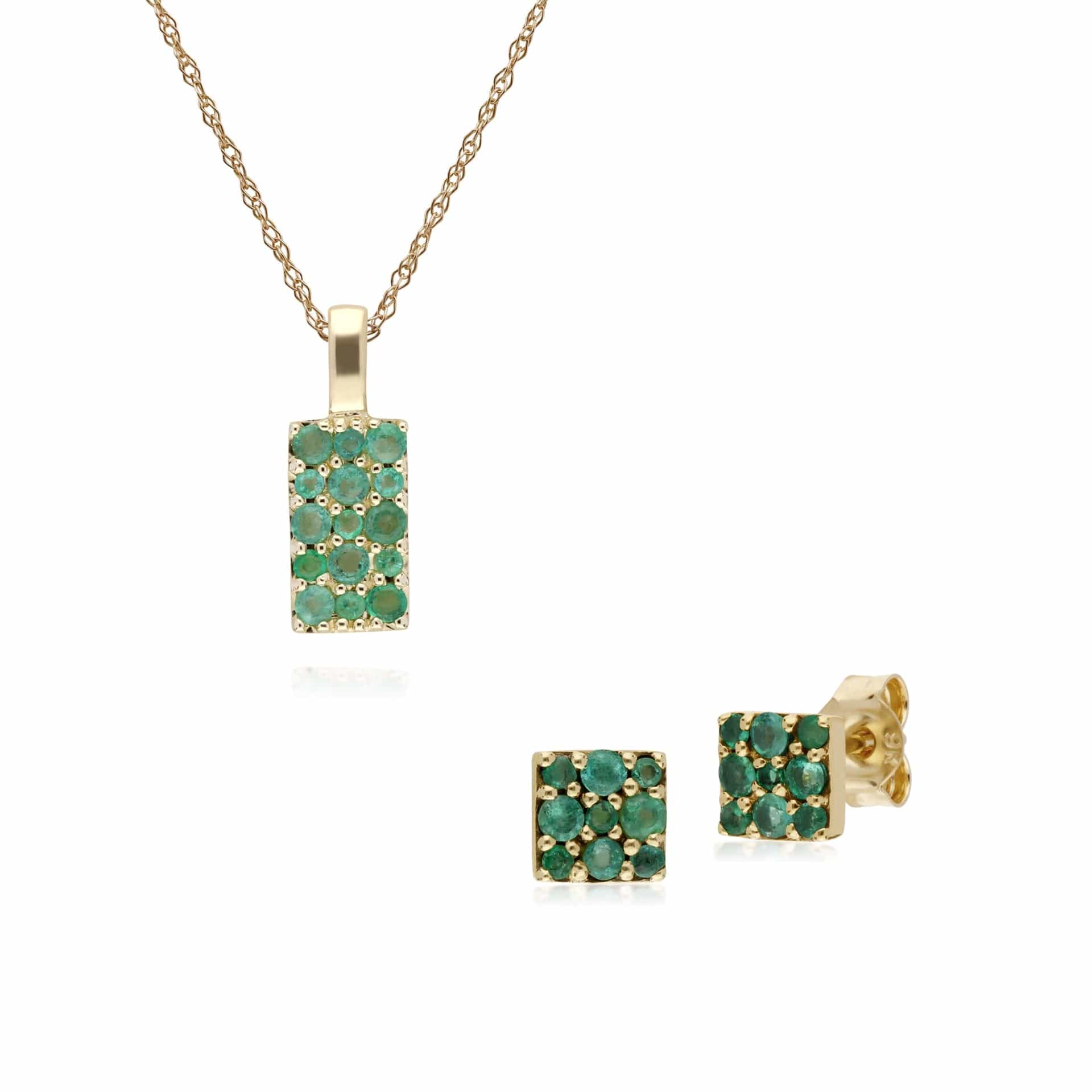 Classic Round Emerald Cluster Panel Stud Earrings & Pendant Set in 9ct Yellow Gold - Gemondo
