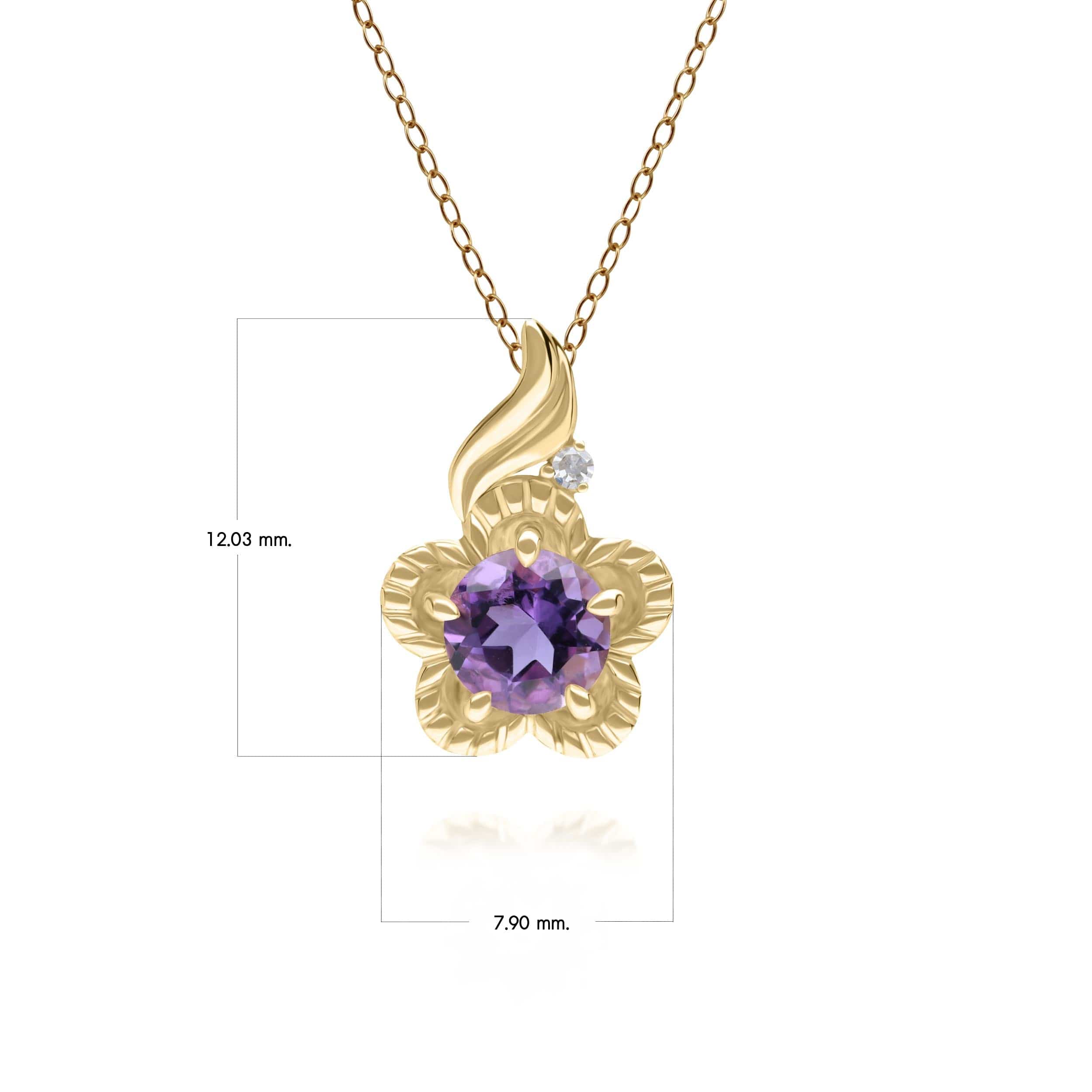 135P2097049 Floral Round Amethyst & Diamond Pendant in 9ct Yellow Gold 3
