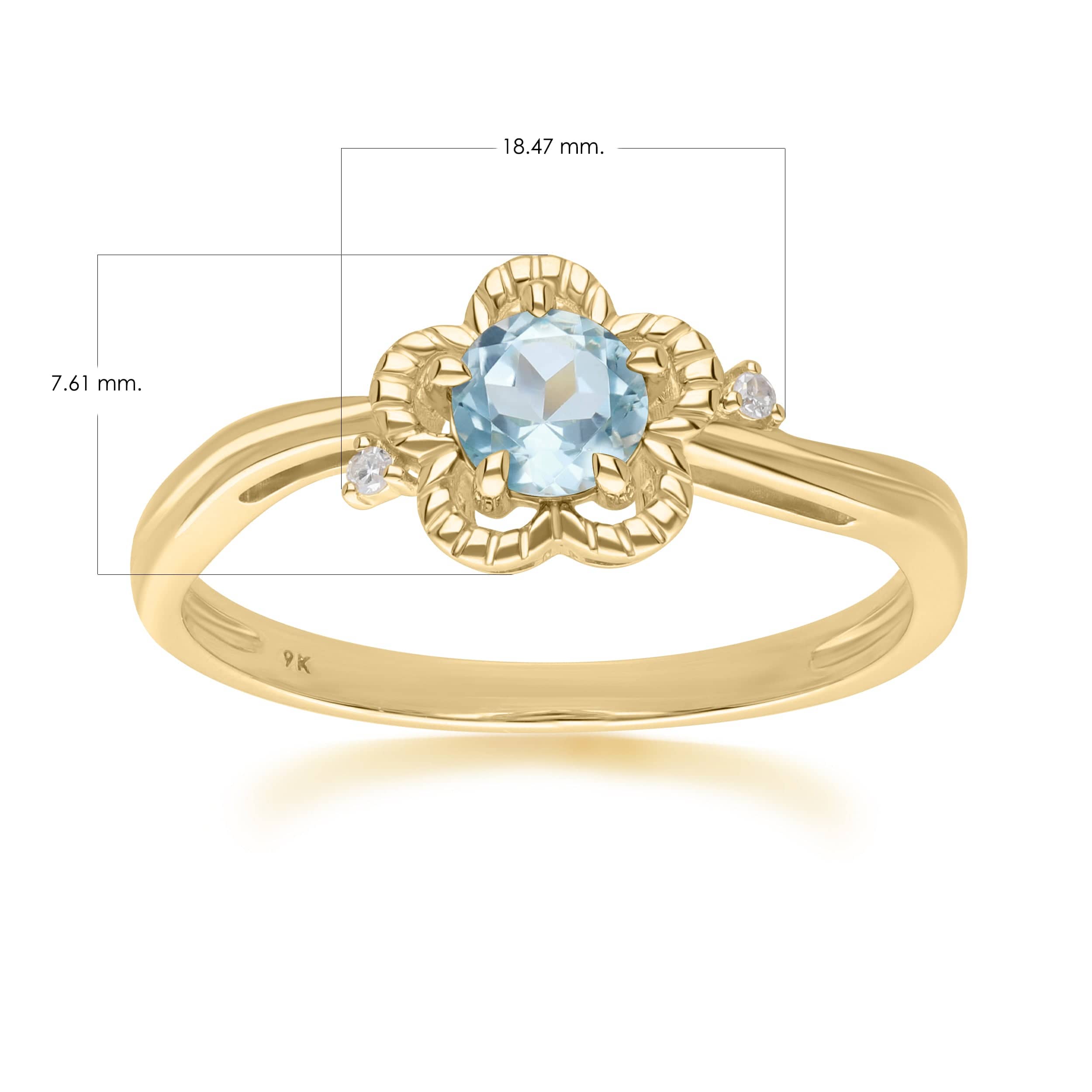 135R2049019 Floral Round Blue Topaz & Diamond Ring in 9ct Yellow Gold 3