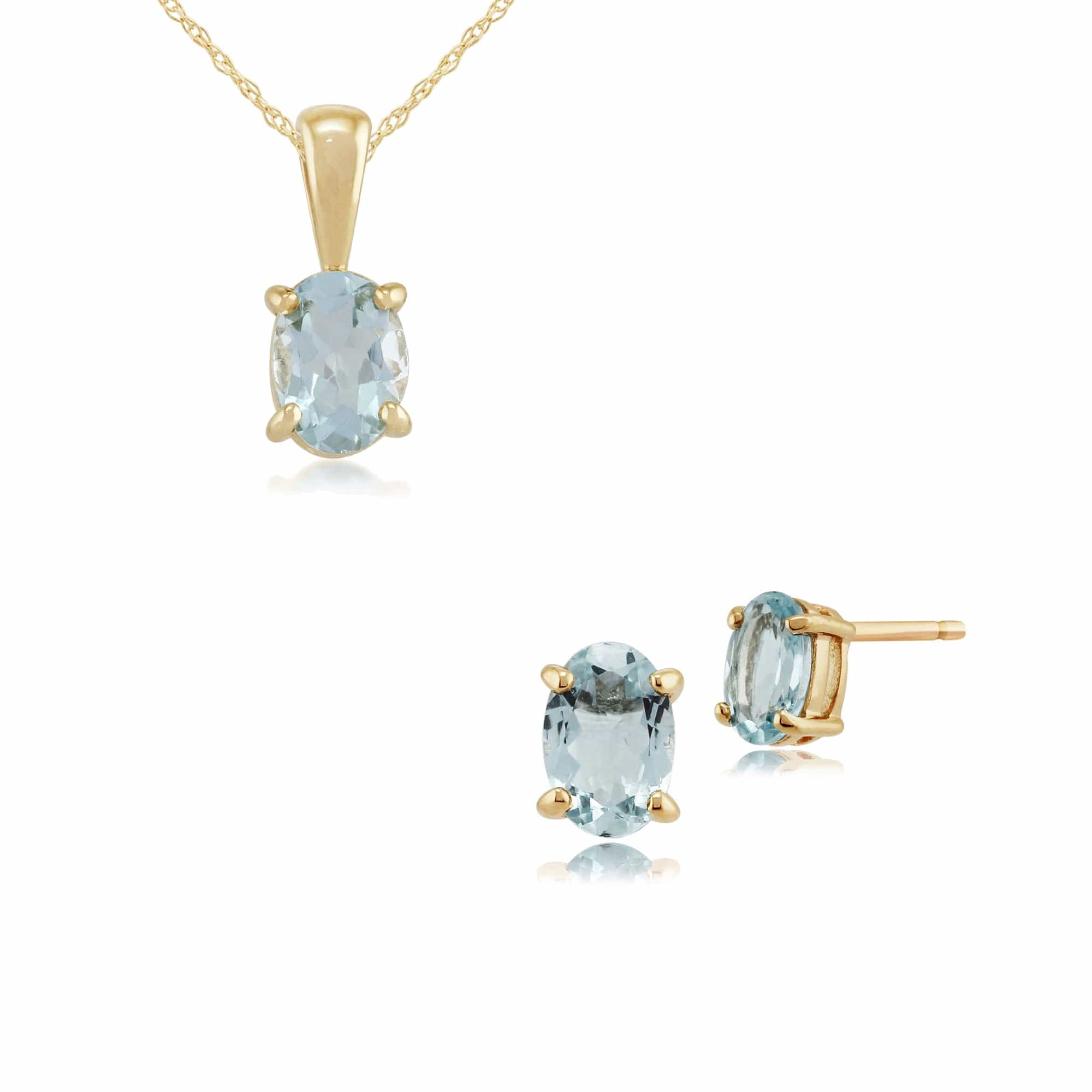 8541-10740 Classic Oval Aquamarine Single Stone Stud Earrings & Pendant Set in 9ct Yellow Gold 1