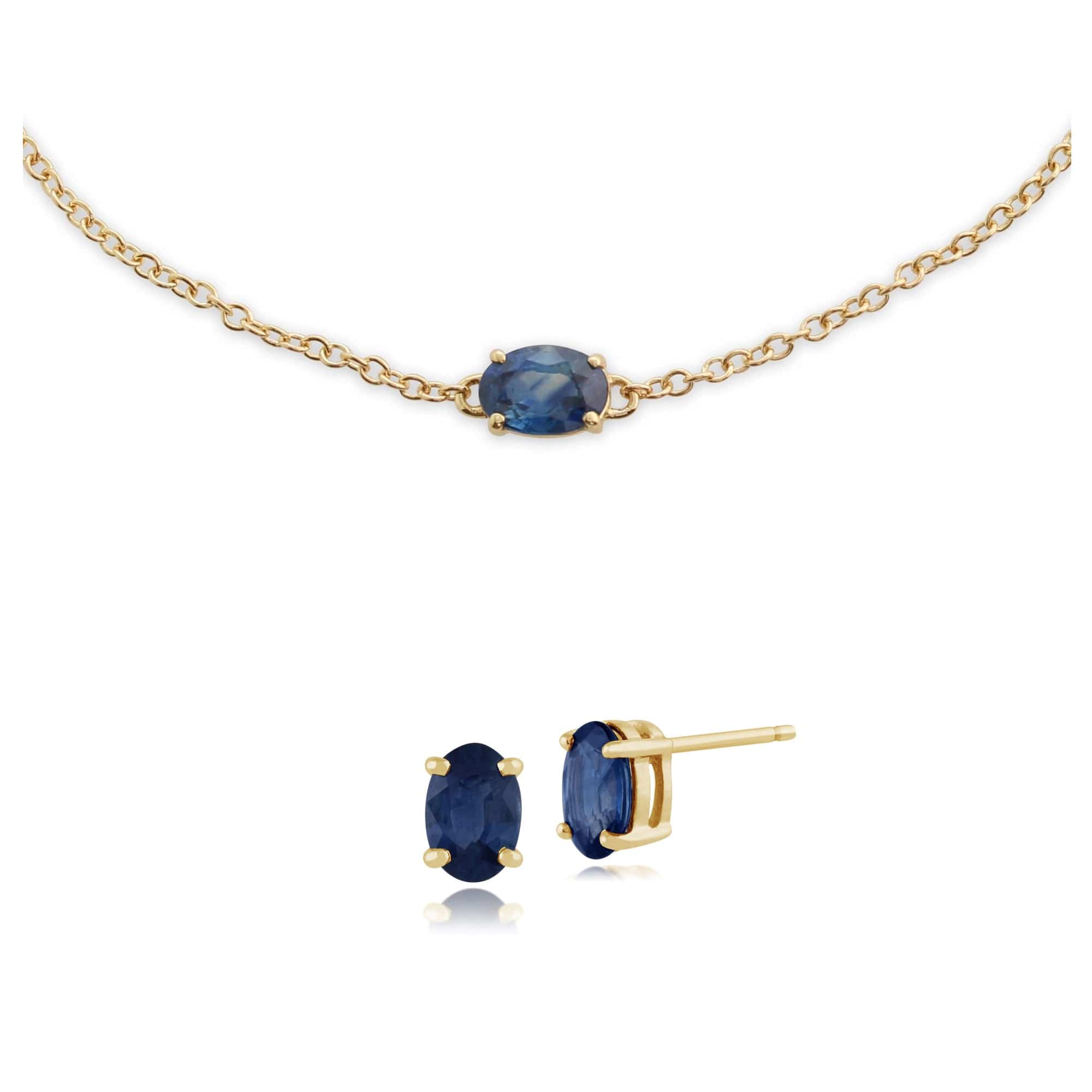 135E0918189-135L0220049 Classic Oval Light Blue Sapphire Single Stone Stud Earrings & Bracelet Set in 9ct Yellow Gold 1