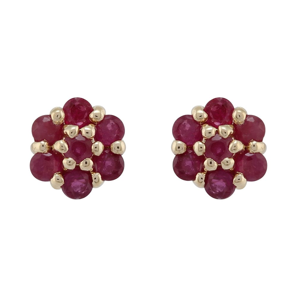 Floral Round Ruby Cluster Stud Earrings in 9ct Yellow Gold - Gemondo