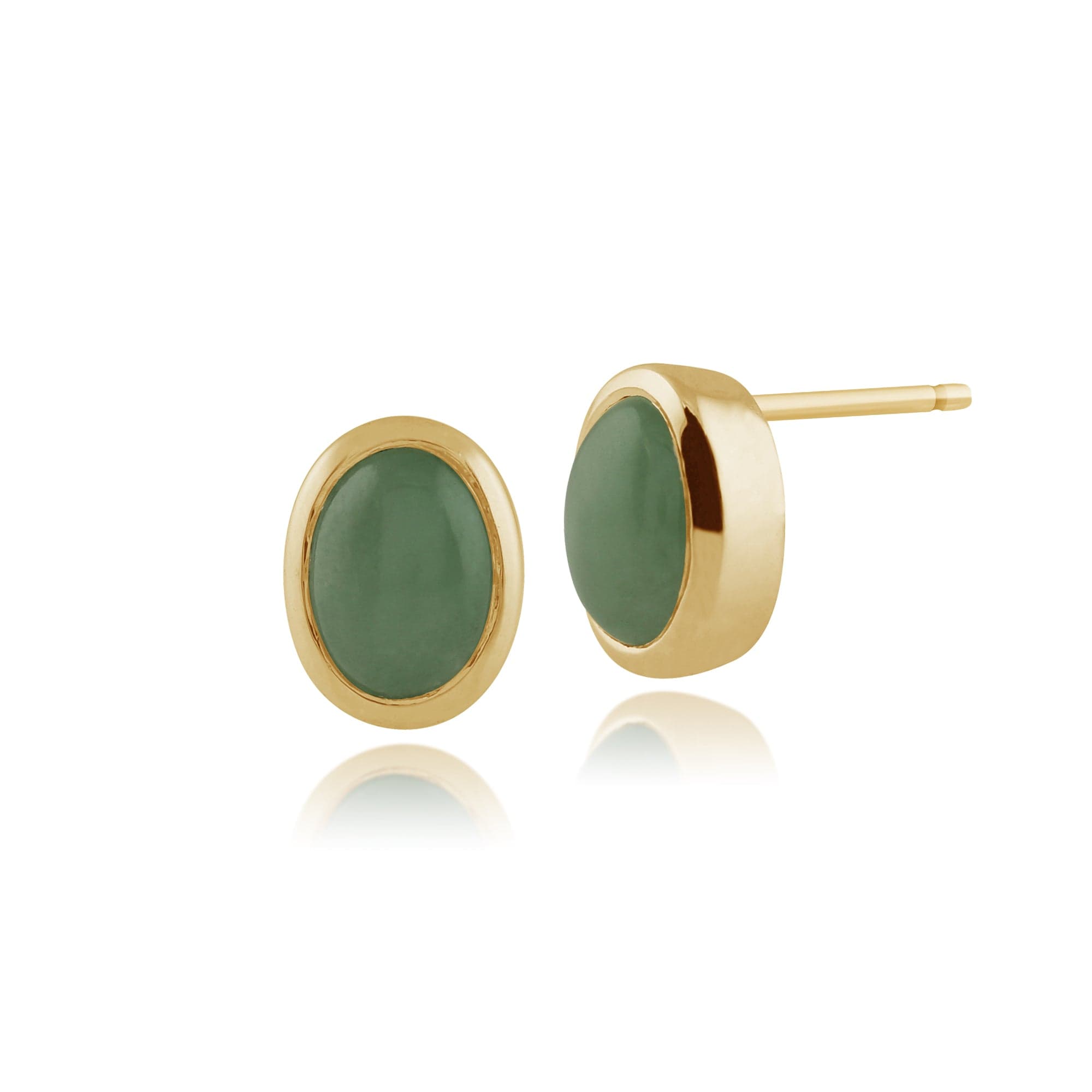 Classic Oval Jade Cabochon Stud Earrings in 9ct Yellow Gold 7x6mm - Gemondo