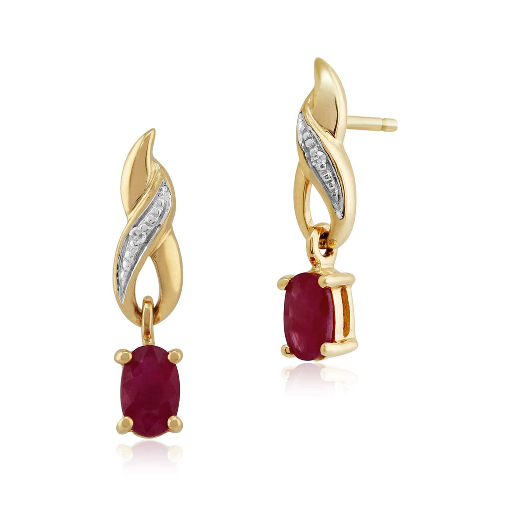 Art Nouveau Oval Ruby & Diamond Drop Earrings 9ct Yellow Gold
