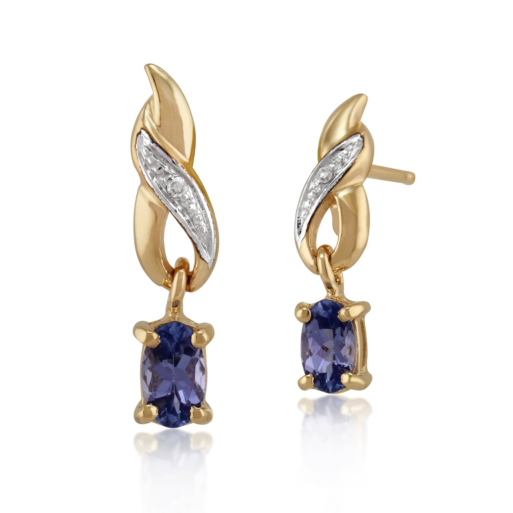 Classic Oval Tanzanite & Diamond Drop Earrings in 9ct Yellow Gold - Gemondo