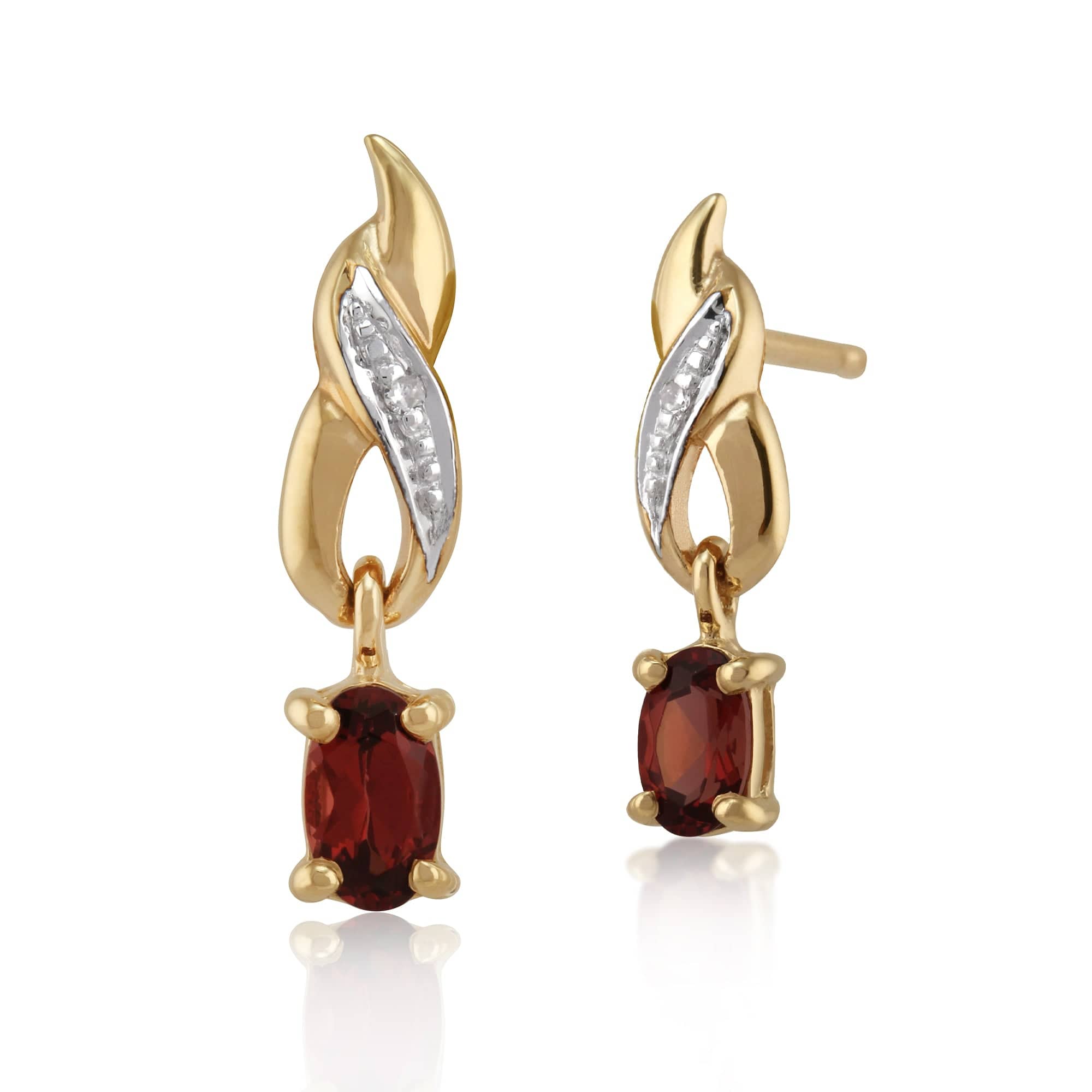 Classic Oval Garnet & Diamond Drop Earrings in 9ct Yellow Gold - Gemondo