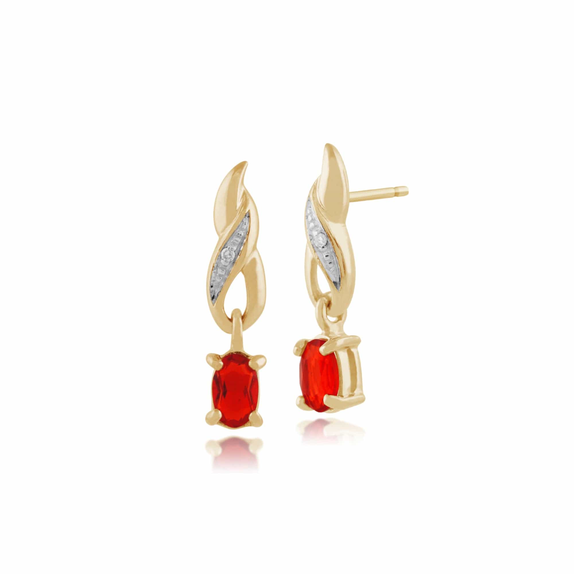 Classic Oval Fire Opal & Diamond Drop Earrings in 9ct Yellow Gold - Gemondo