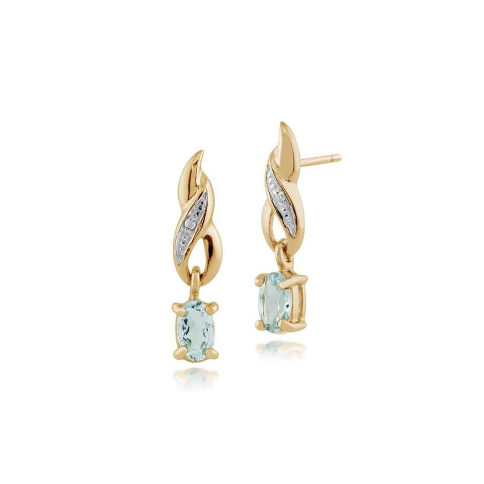 Classic Oval Aquamarine & Diamond Drop Earrings in 9ct Yellow Gold - Gemondo