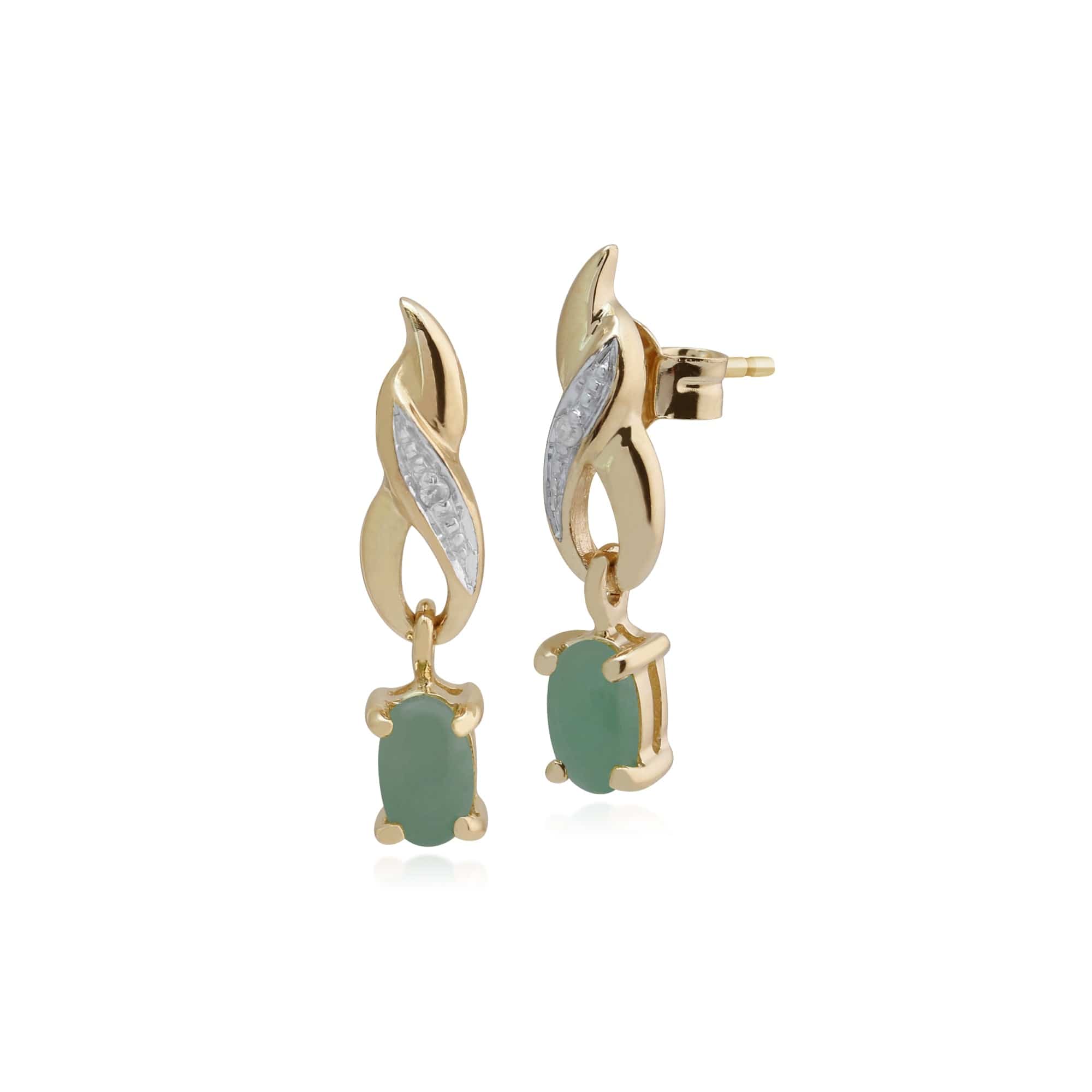 Classic Oval Jade & Diamond Twist Drop Earrings in 9ct Yellow Gold - Gemondo