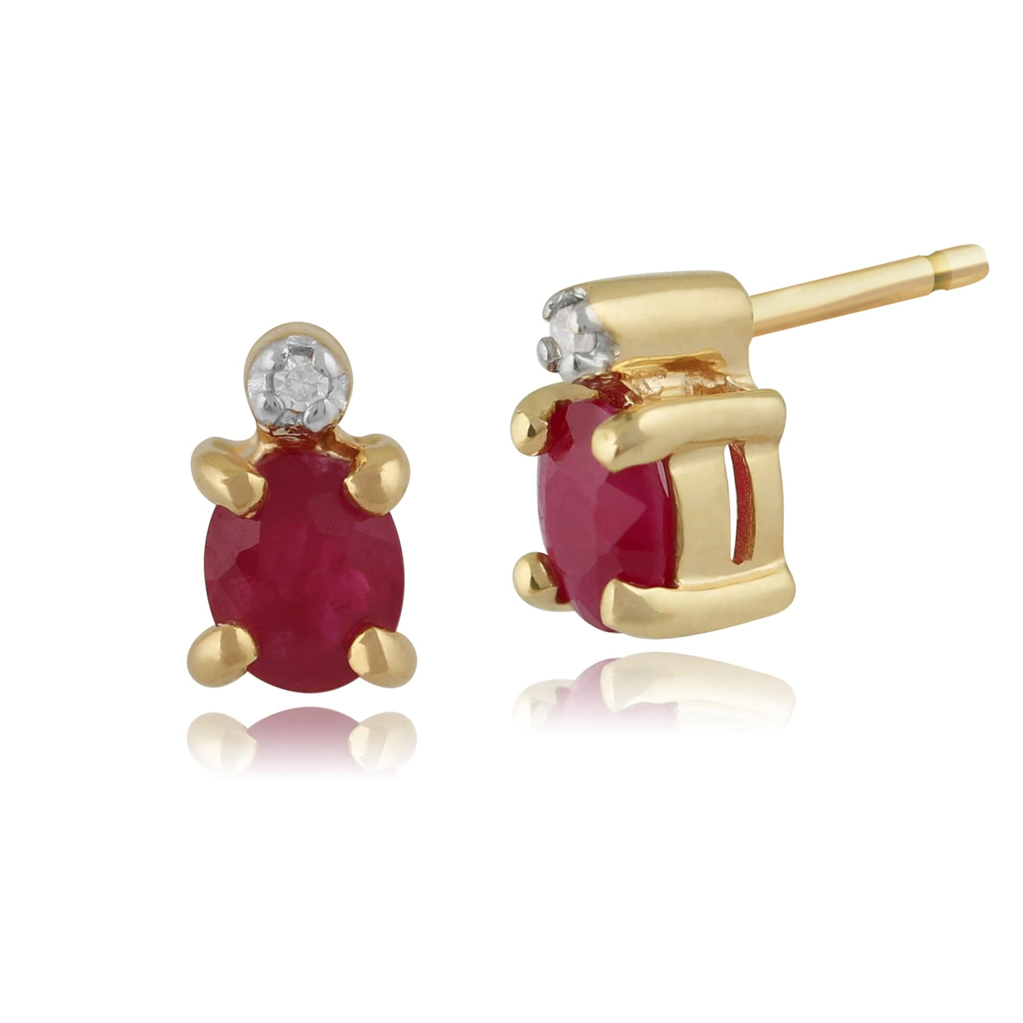 Classic Oval Ruby & Diamond Stud Earrings in 9ct Yellow Gold 3.5mm - Gemondo