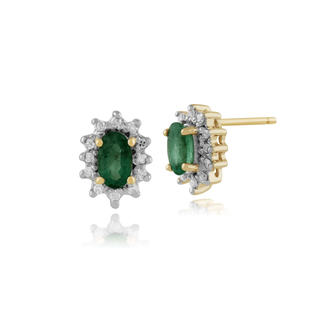 Classic Oval Emerald & Diamond Cluster Stud Earrings 9ct Yellow Gold