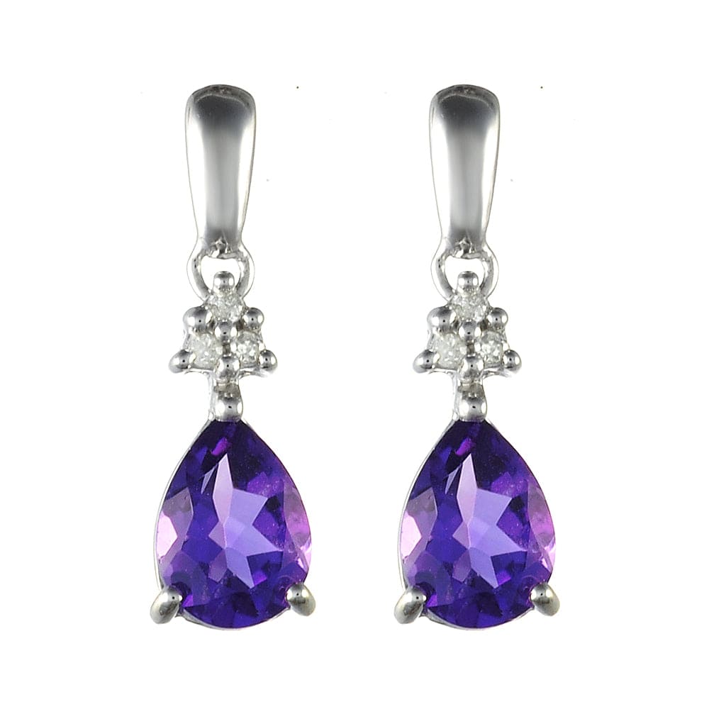 9ct White Gold 1.17ct Natural Amethyst & 3.6pt Diamond Drop Earrings Image