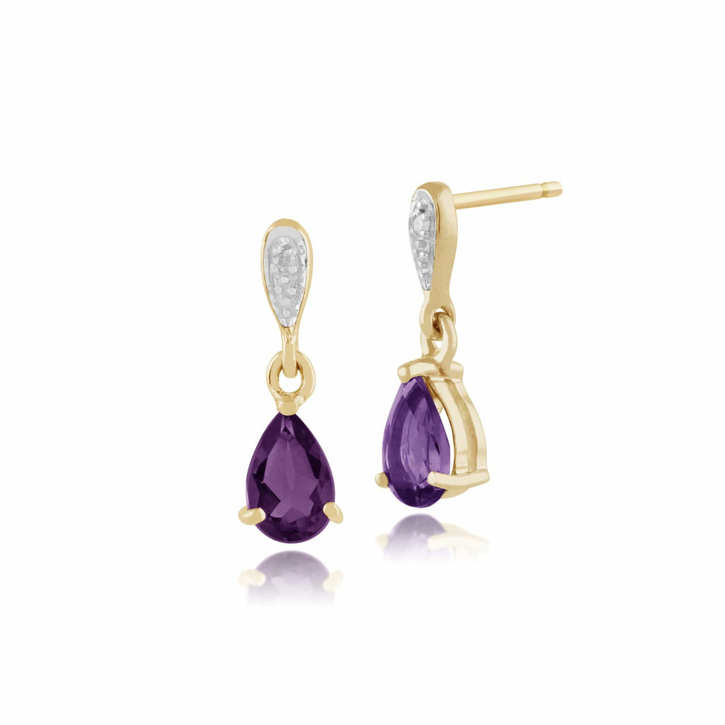 Classic Pear Amethyst & Diamond Drop Earrings 9ct Yellow Gold 6mmx4mm