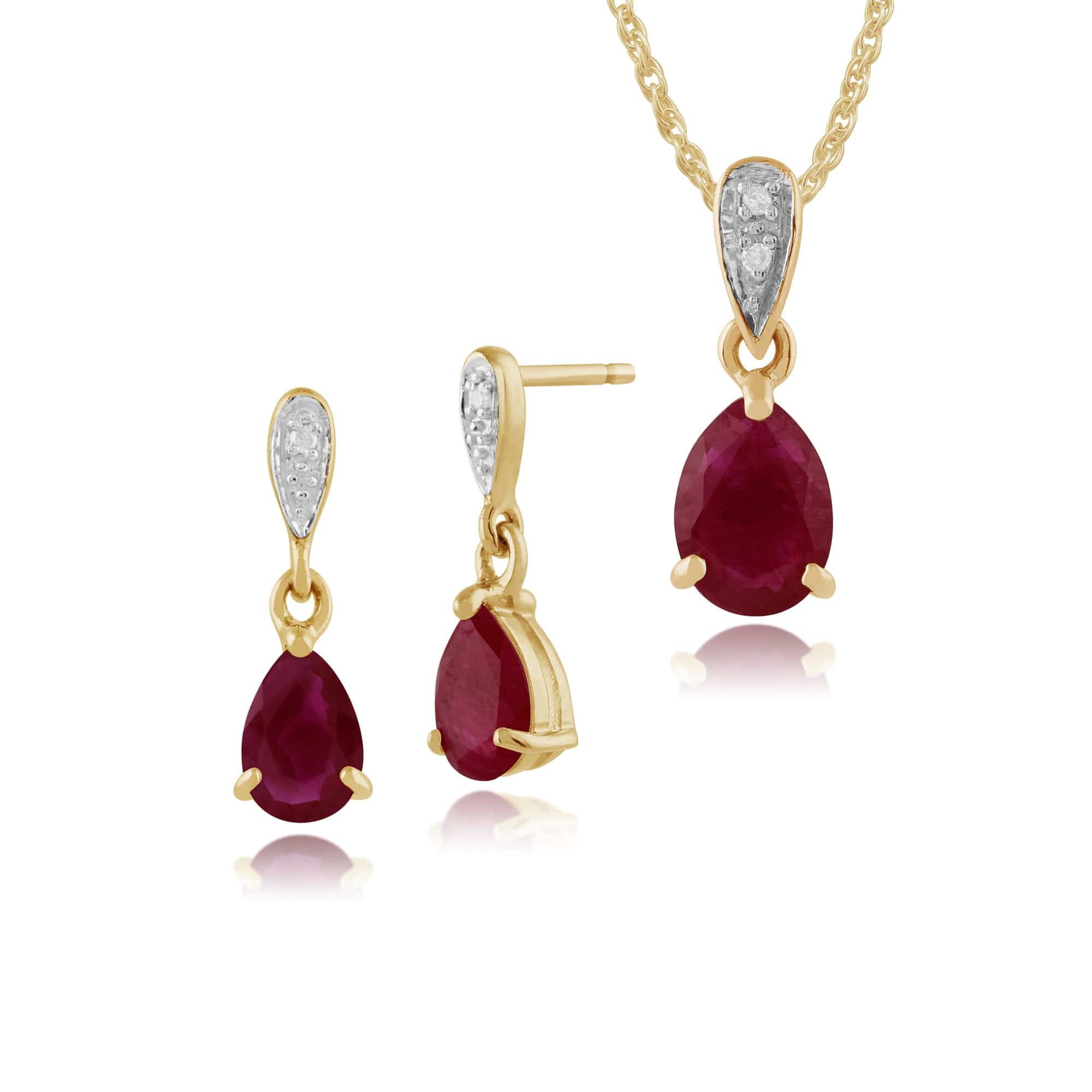 135E1060049-27048 Classic Pear Ruby & Diamond Drop Earrings & Pendant Set in 9ct Yellow Gold 1