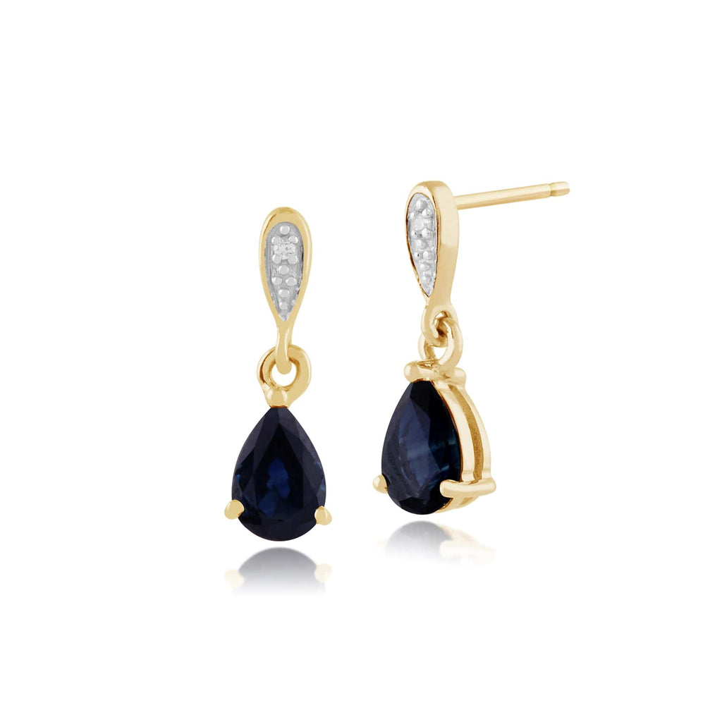Classic Pear Sapphire & Diamond Drop Earrings 9ct Yellow Gold