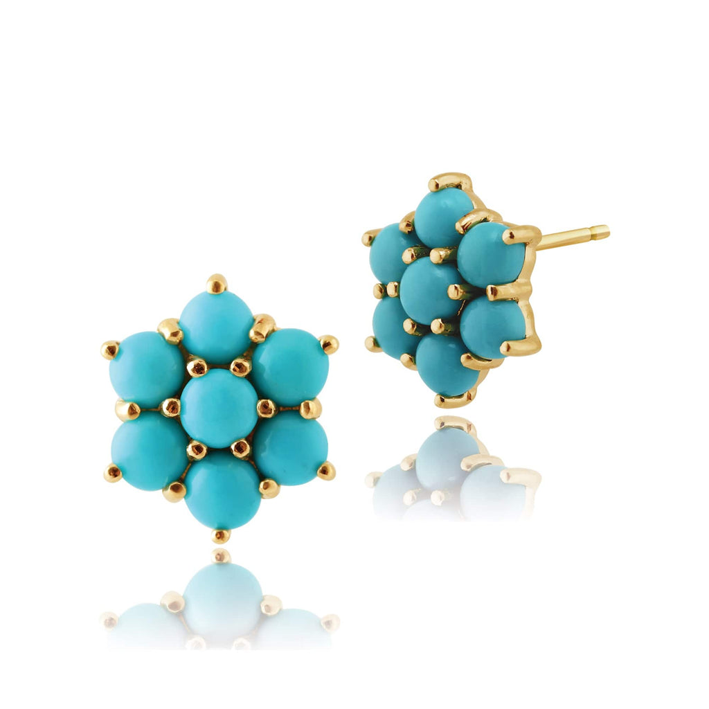 Floral Turquoise Cabochon Cluster Stud Earrings 9ct Yellow Gold