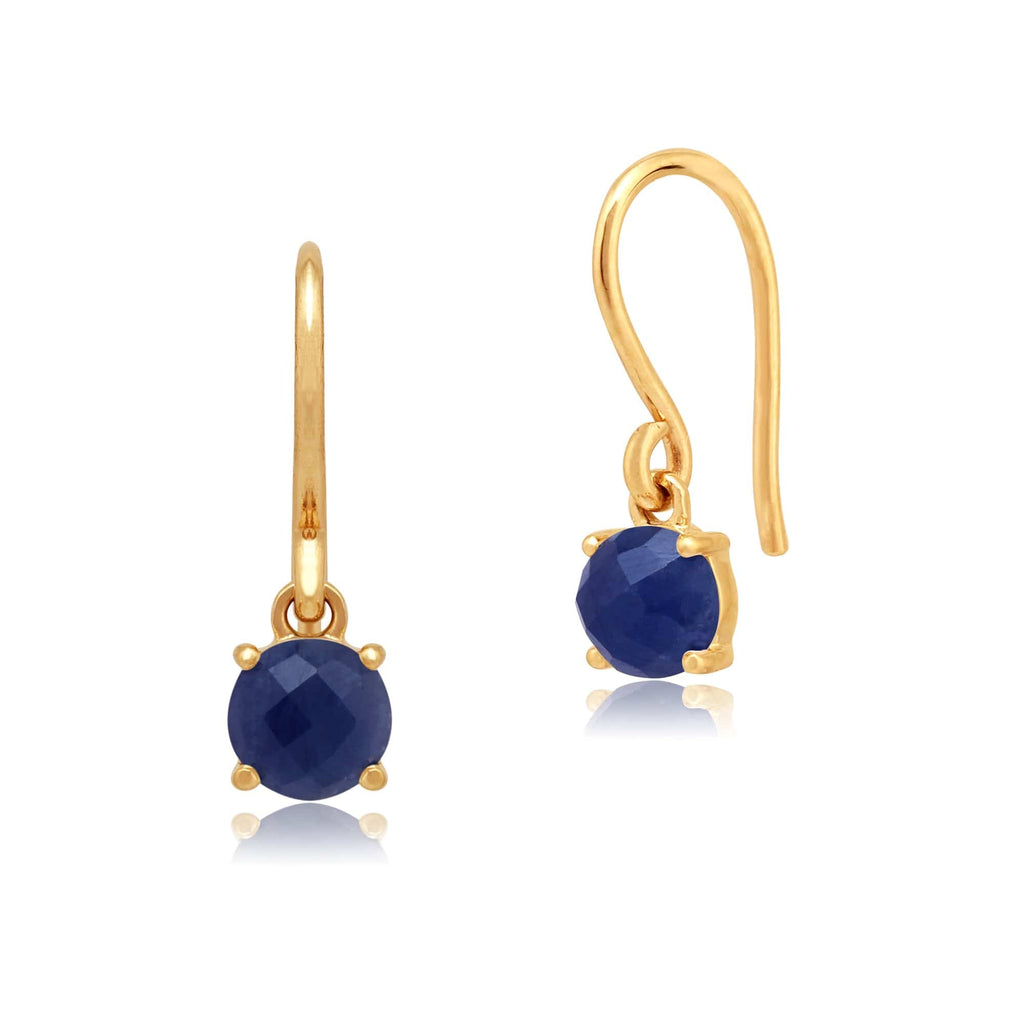 Classic Round Sapphire Checkerboard Hook Drop Earrings 9ct