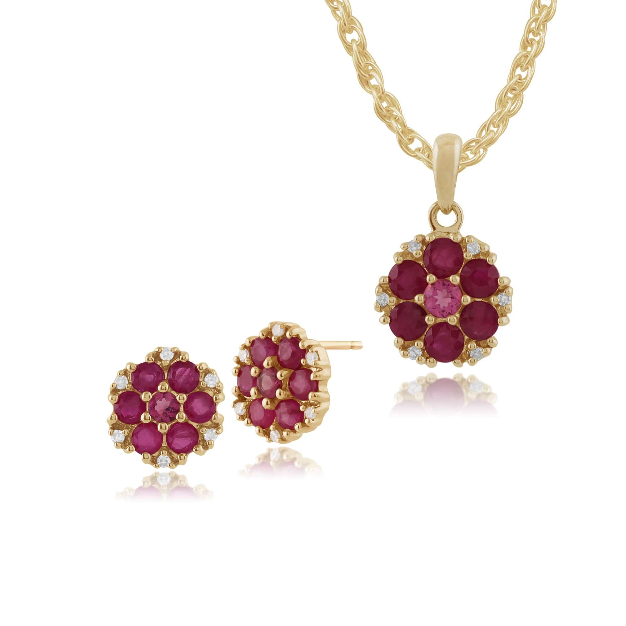 135E1093029-135P1472029 Classic Round Ruby, Tourmaline & Diamond Cluster Stud Earrings & Pendant Set in 9ct Yellow Gold 1