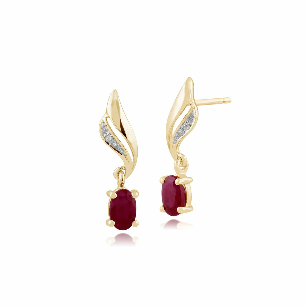 Classic Oval Ruby & Diamond Twist Drop Earrings 9ct Yellow Gold