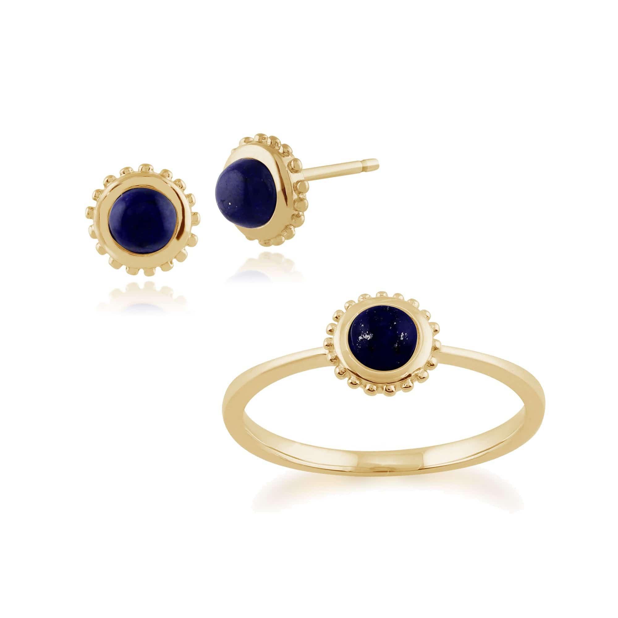 135E1173029-135R1270029 Classic Round Lapis Lazuli Single Stone Stud Earrings & Solitaire Ring Set in 9ct Yellow Gold 1