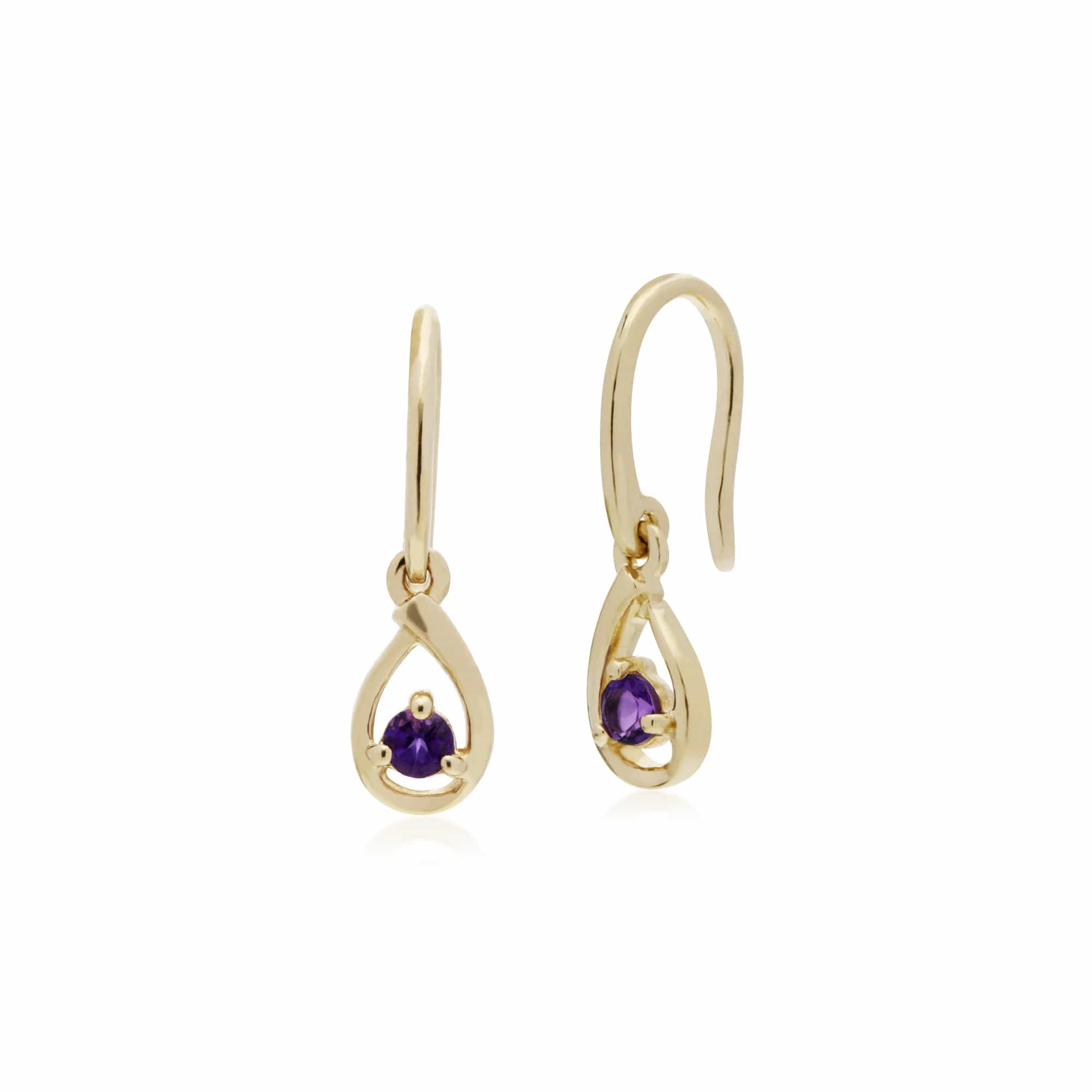 Classic Single Stone Round Amethyst Tear Drop Earrings in 9ct Yellow Gold - Gemondo
