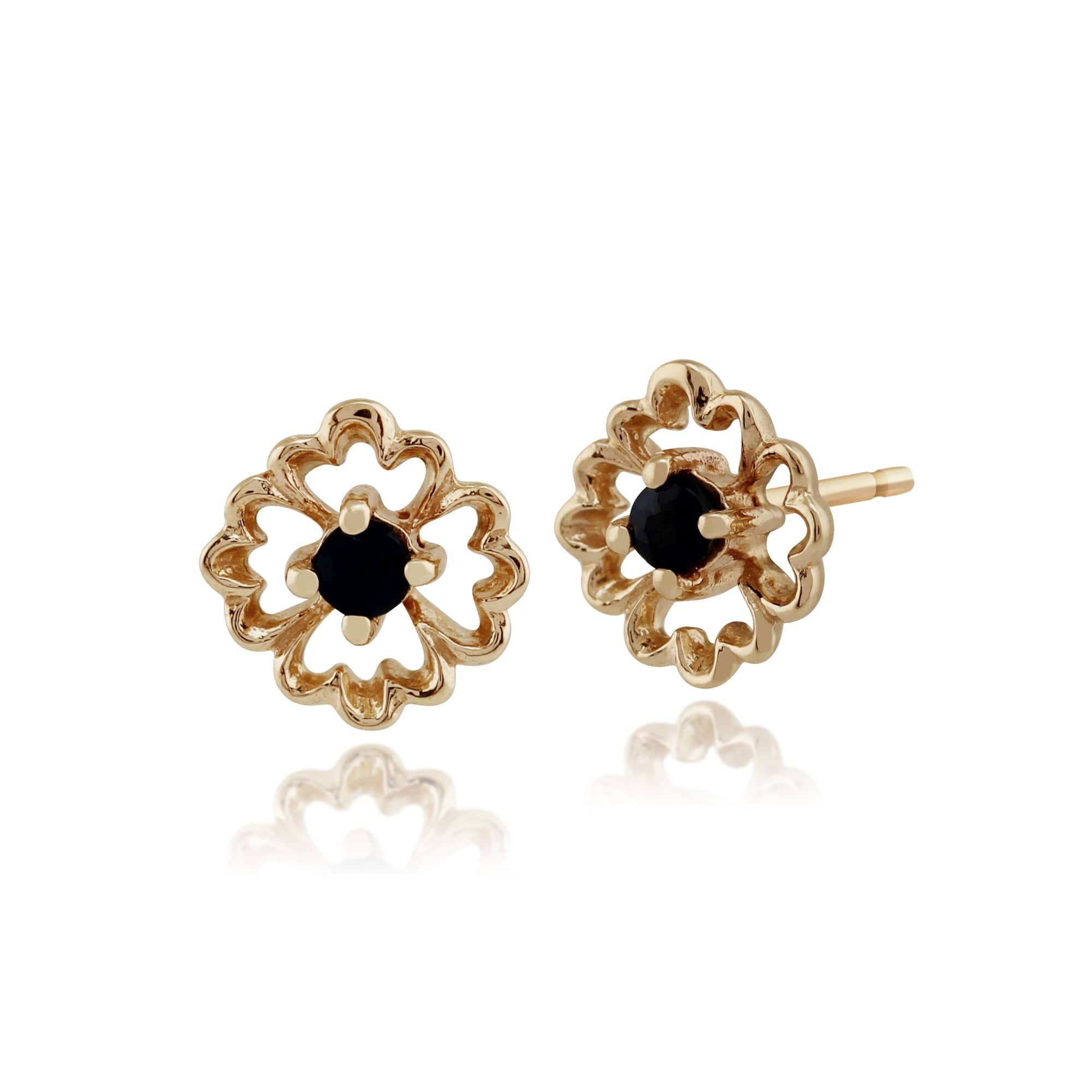 Floral Round Sapphire Stud Earrings in 9ct Yellow Gold - Gemondo