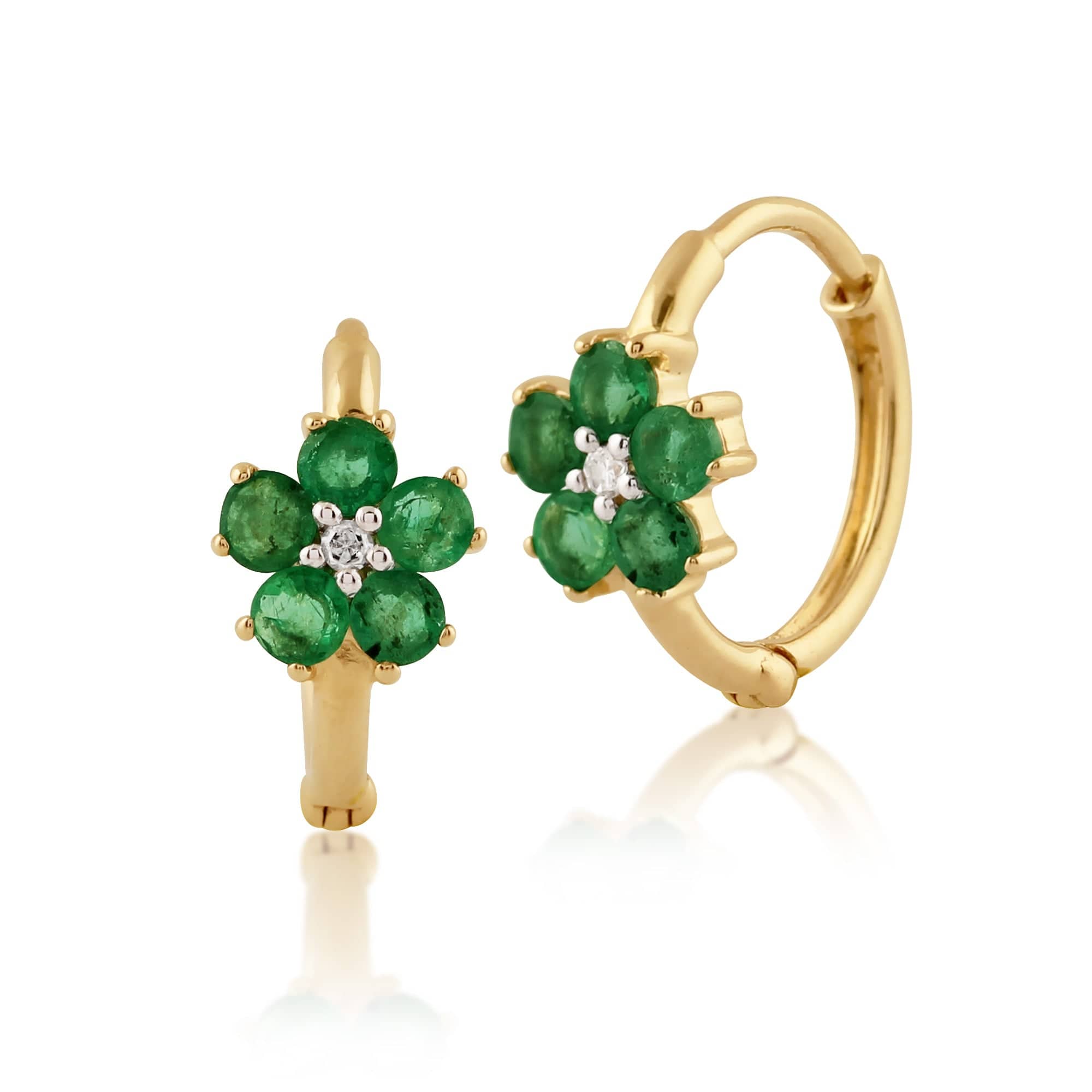 Floral Round Emerald & Diamond Hoop Earrings in 9ct Yellow Gold