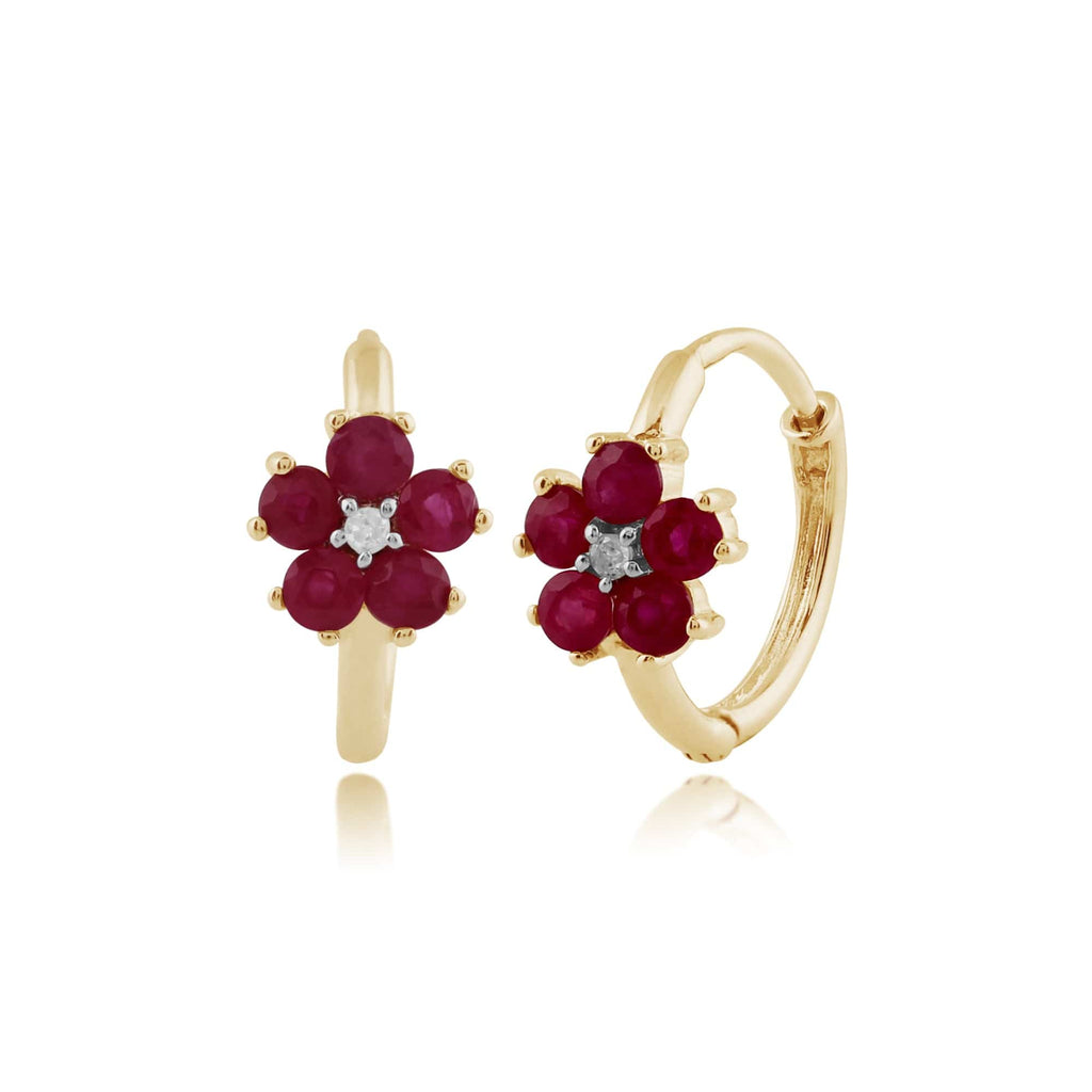 Floral Round Ruby & Diamond Hoop Earrings 9ct Yellow Gold