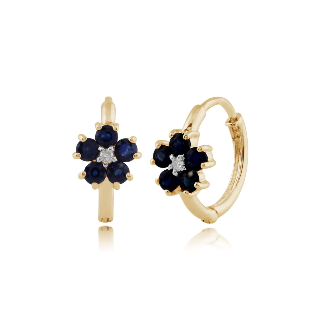 Floral Round Sapphire & Diamond Hoop Earrings 9ct Yellow Gold