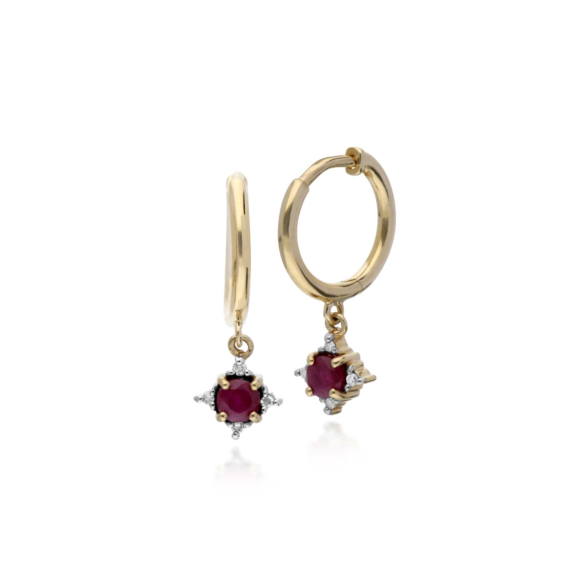 Classic Round Ruby & Diamond Hinged Hoop Earrings in 9ct Yellow Gold - Gemondo
