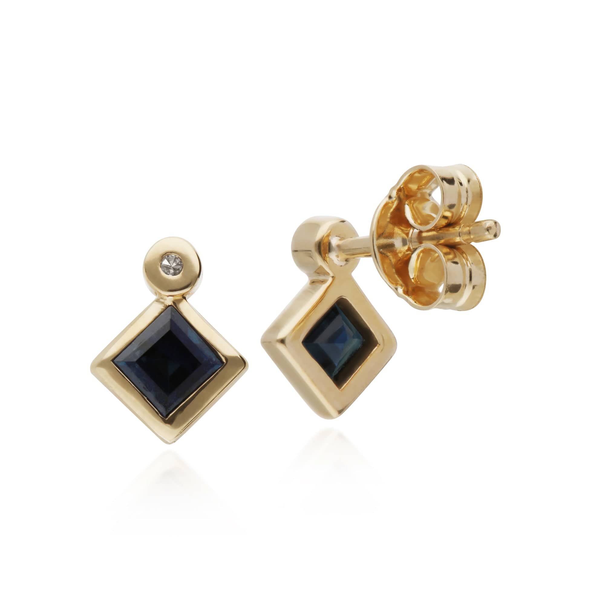 Geometric Square Sapphire & Diamond Stud Earrings in 9ct Yellow Gold Back
