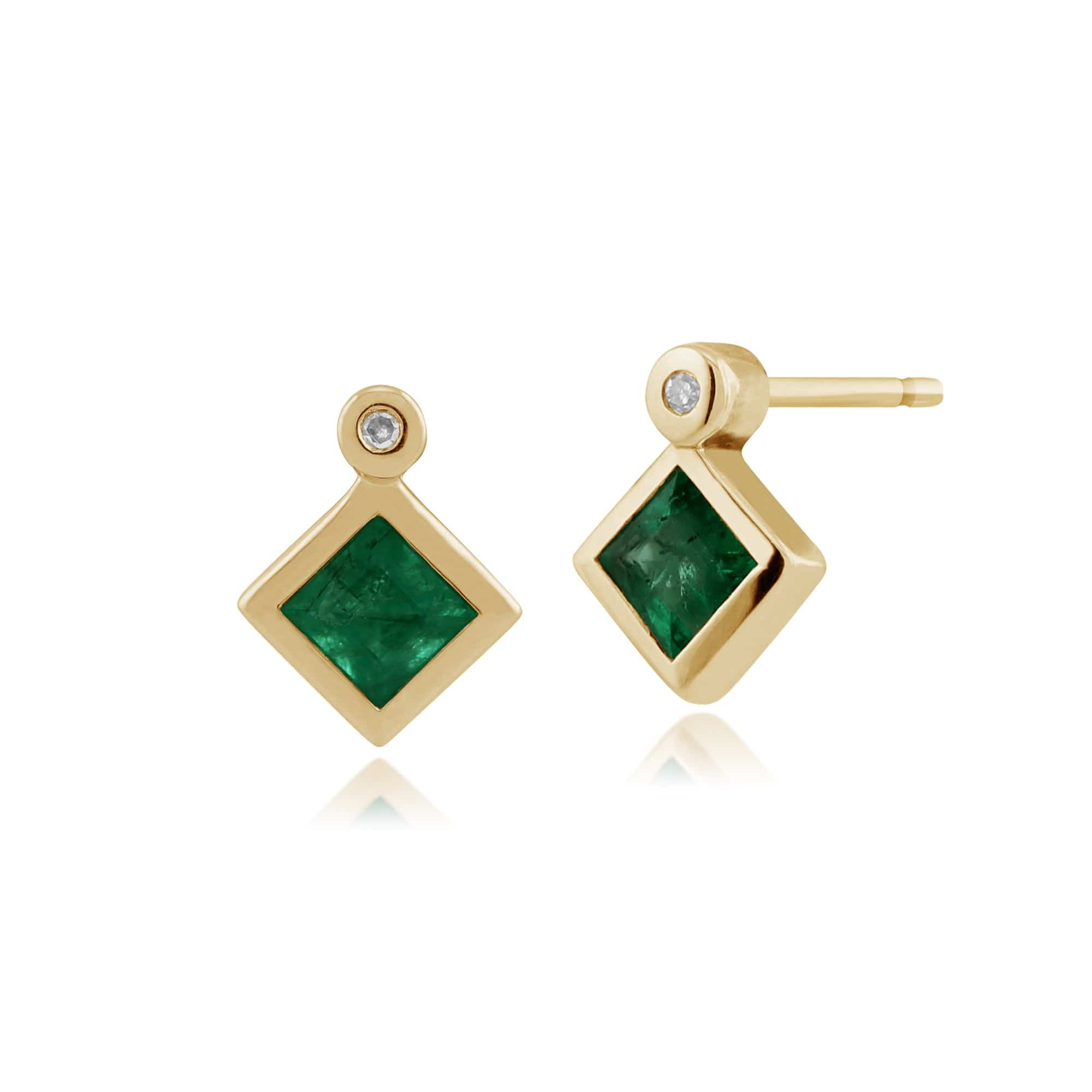 Classic Square Emerald & Diamond Bezel Set Stud Earrings in 9ct Yellow Gold - Gemondo