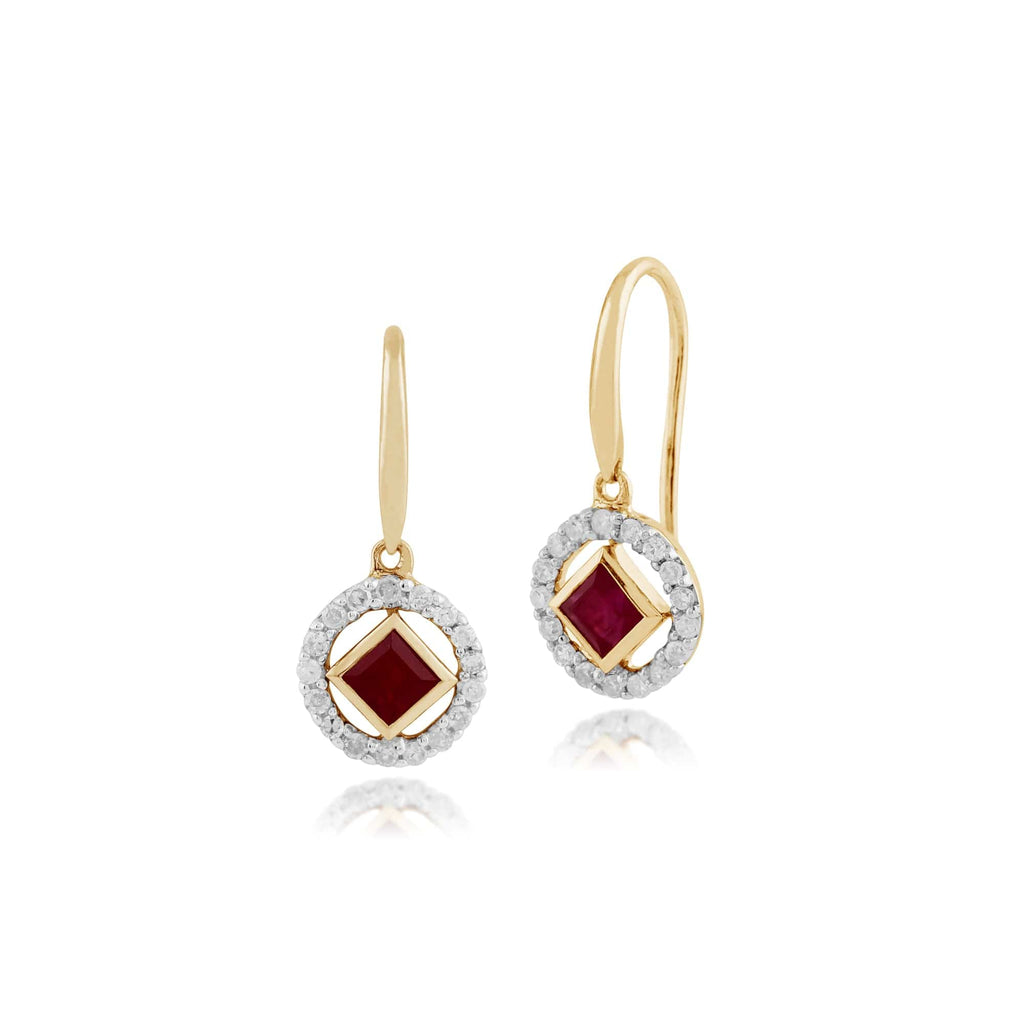 Classic Square Ruby & Diamond Halo Drop Earrings 9ct Yellow Gold