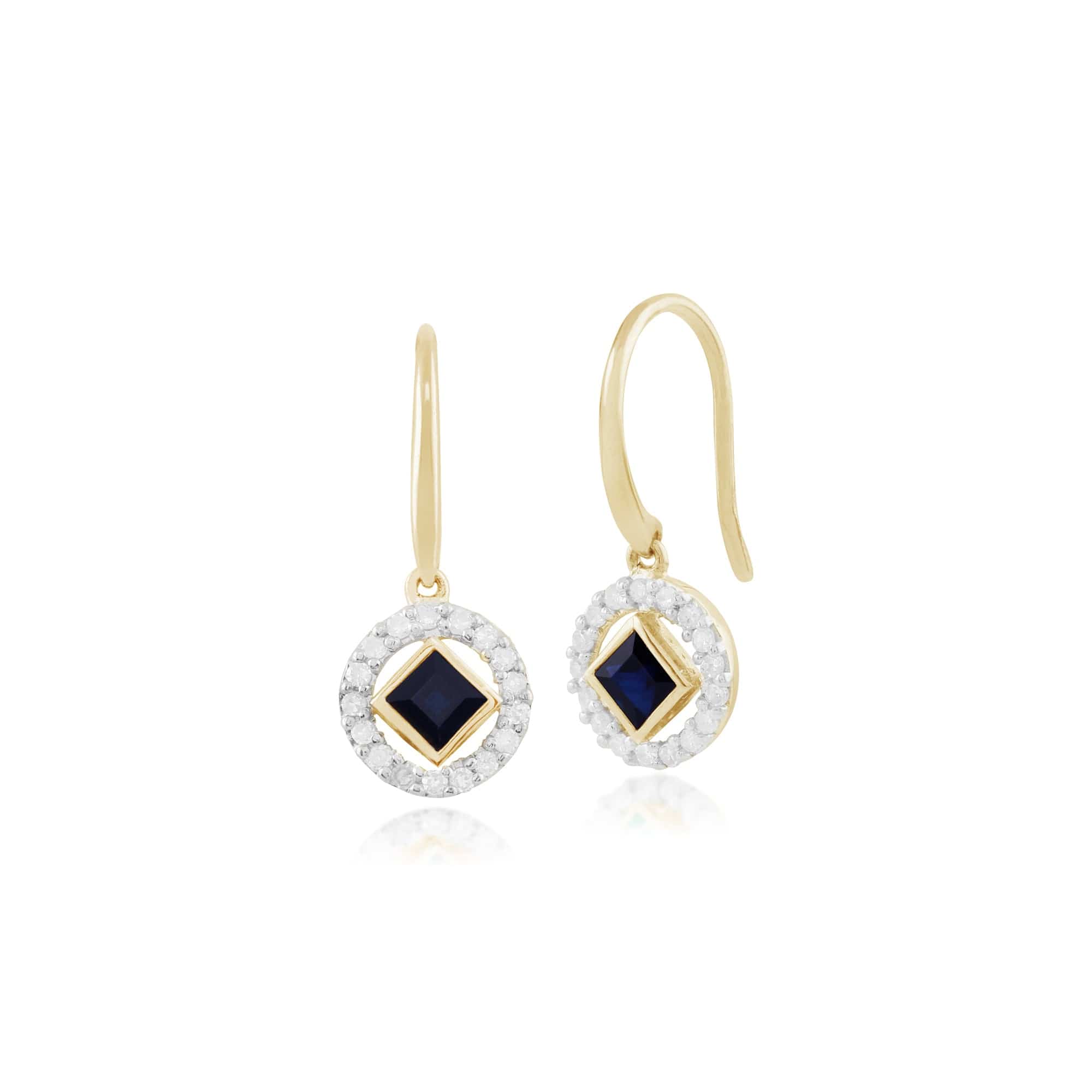 Classic Square Sapphire & Diamond Halo Drop Earrings in 9ct Yellow Gold - Gemondo