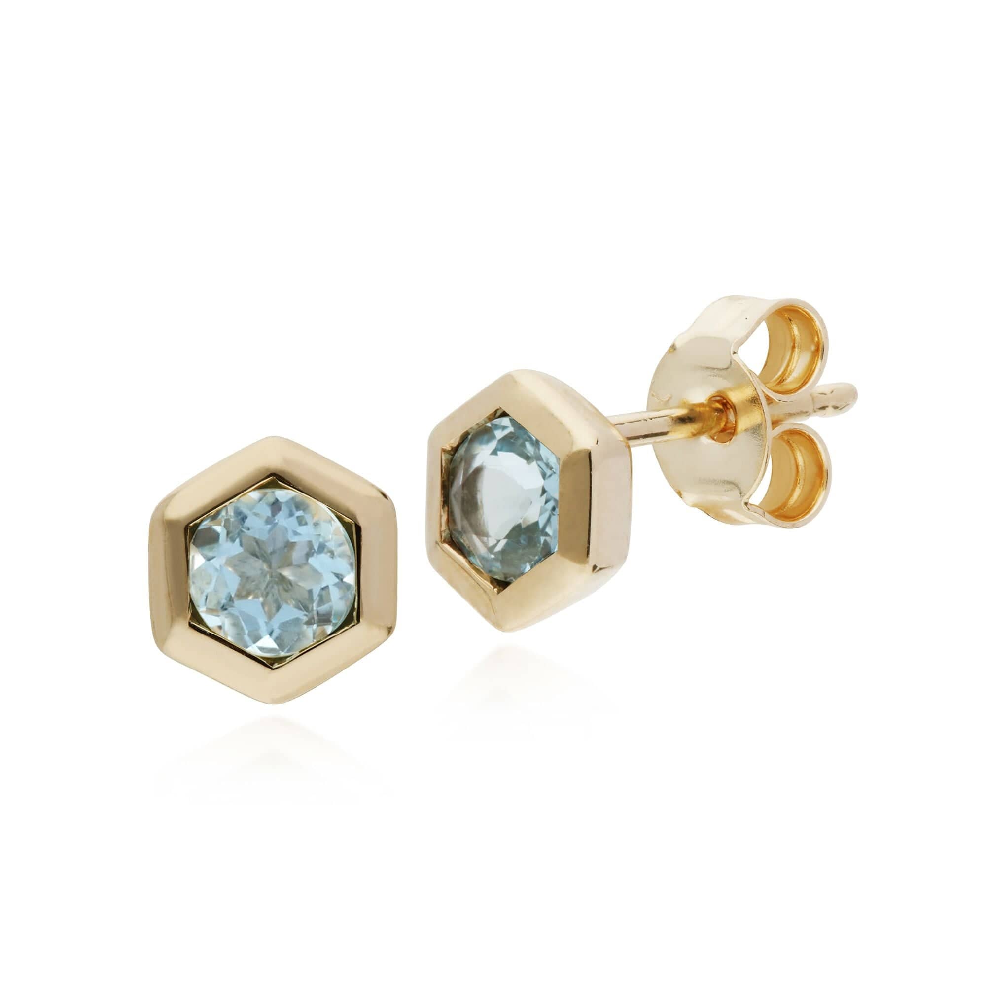 Geometric Hexagon 9ct Yellow Gold Aquamarine Stud Earrings - Gemondo