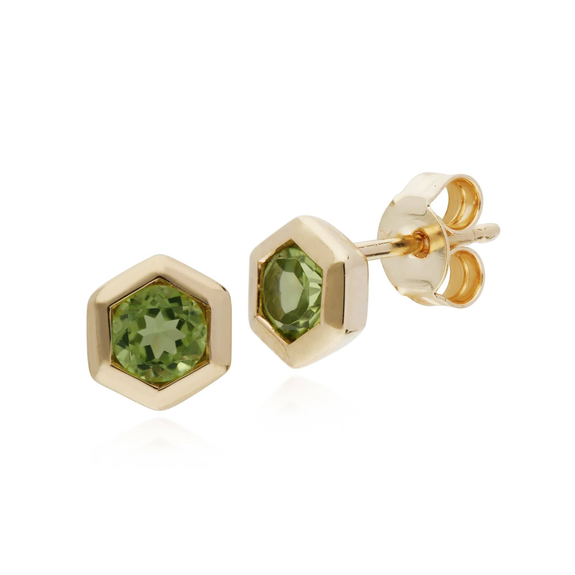 Geometric Hexagon 9ct Yellow Gold Peridot Stud Earrings - Gemondo