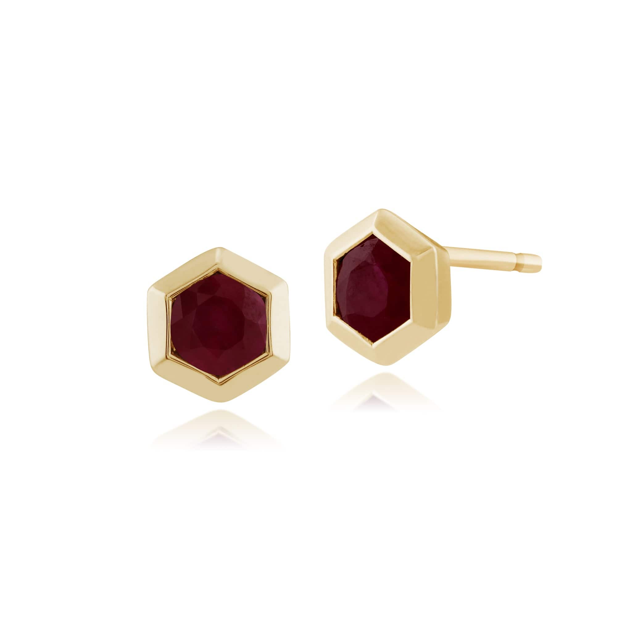 Geometric Hexagon 9ct Yellow Gold Ruby Stud Earrings
