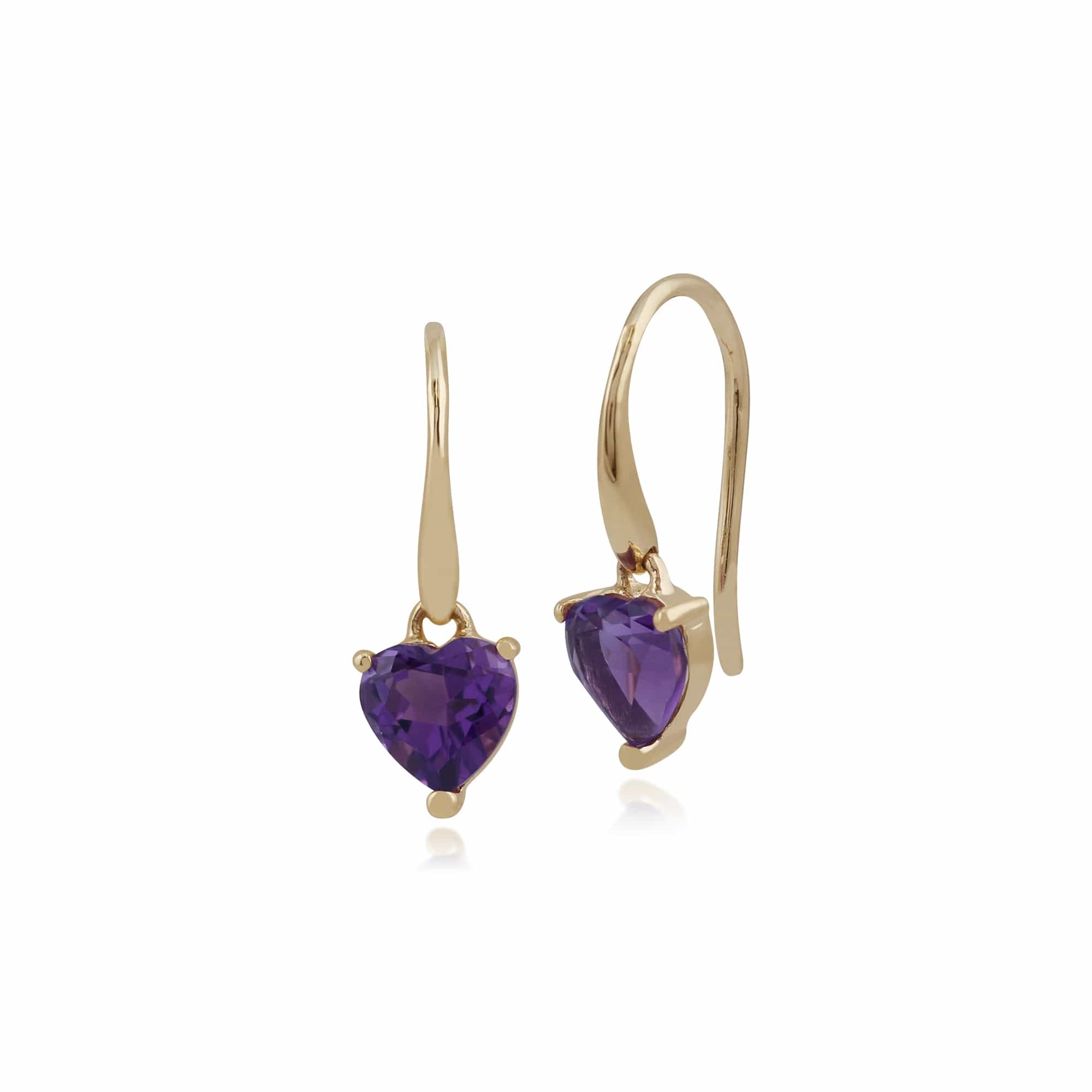 Classic Heart Amethyst Claw Set Heart Drop Earrings in 9ct Yellow Gold - Gemondo
