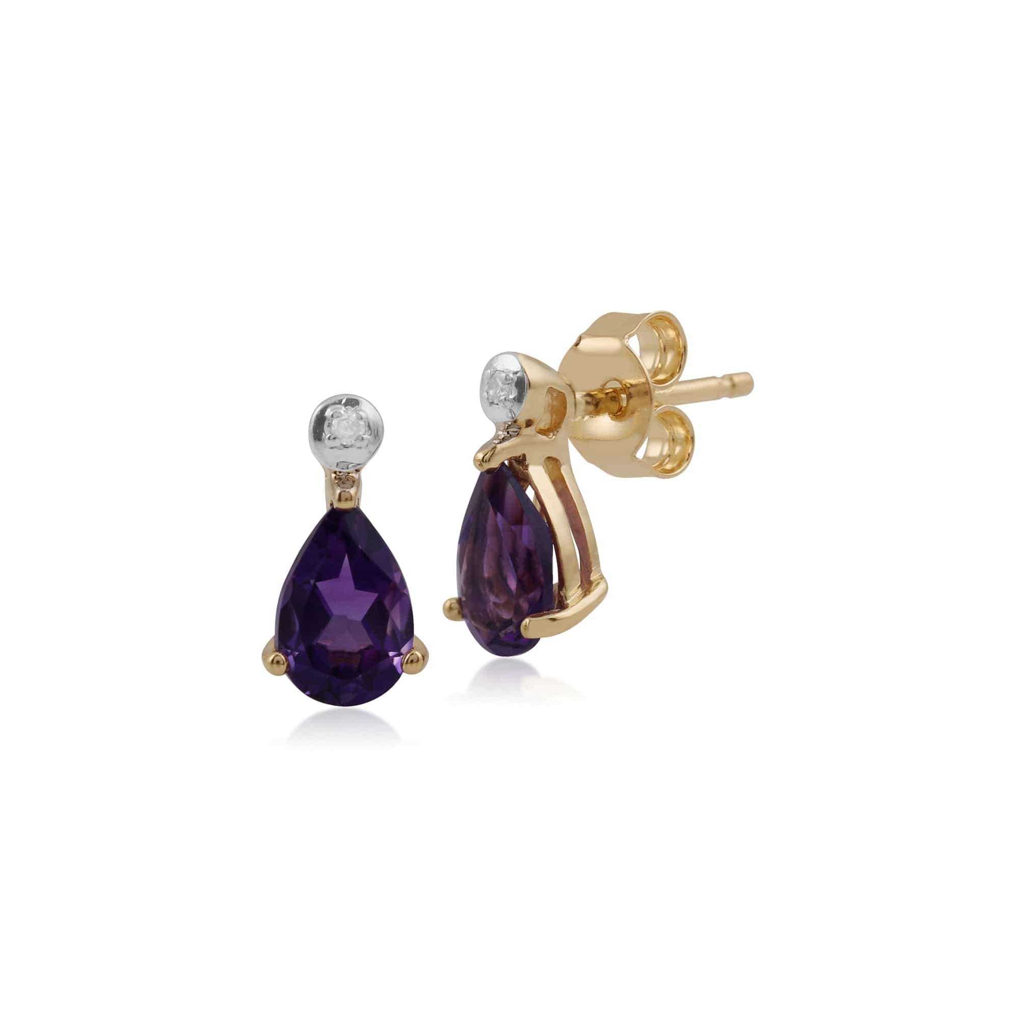 Classic Pear Amethyst & Diamond Stud  Earrings in 9ct Yellow Gold - Gemondo