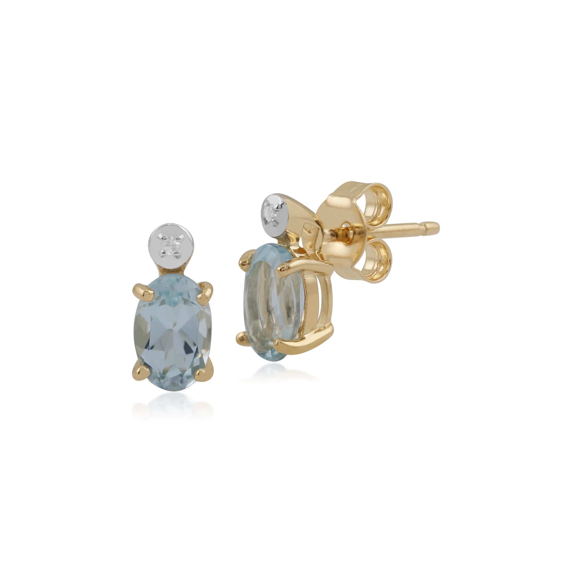 Classic Oval Aquamarine & Diamond Stud Earrings in 9ct Yellow Gold - Gemondo